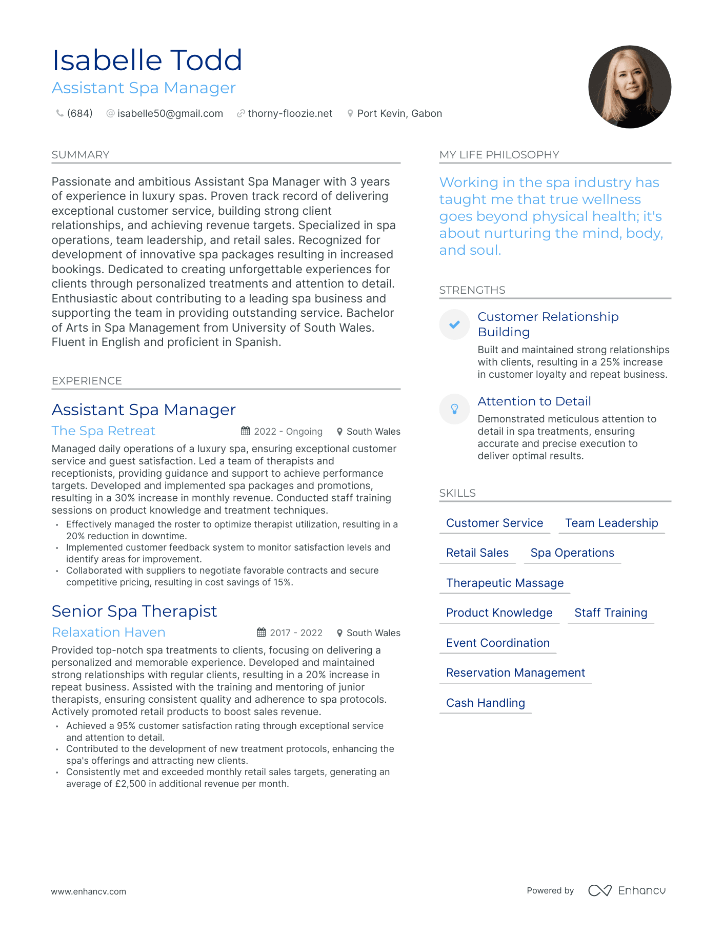 Modern Assistant Spa Manager Resume Example