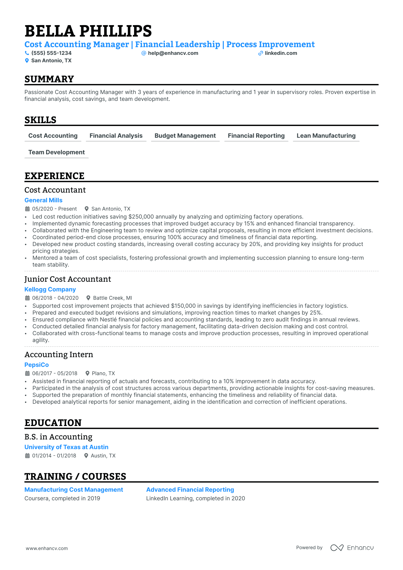 Cost Accounting Manager resume example