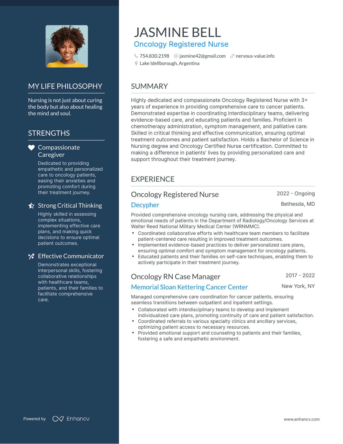 Oncology Registered Nurse resume example