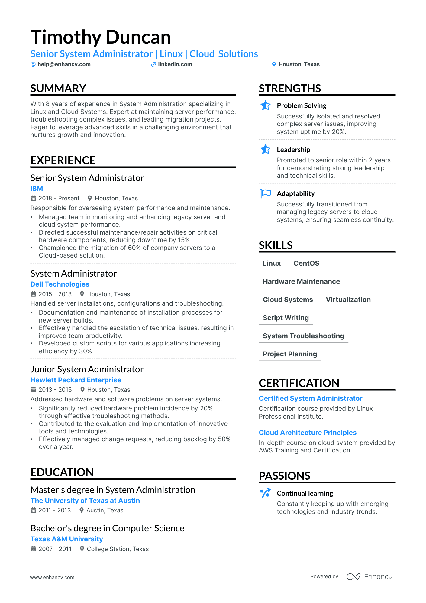 Linux System Administrator resume example