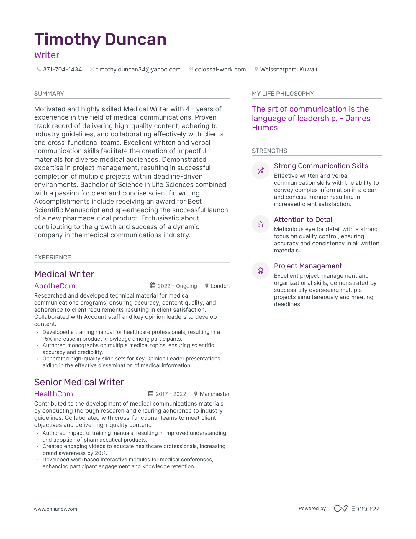 Writer resume example