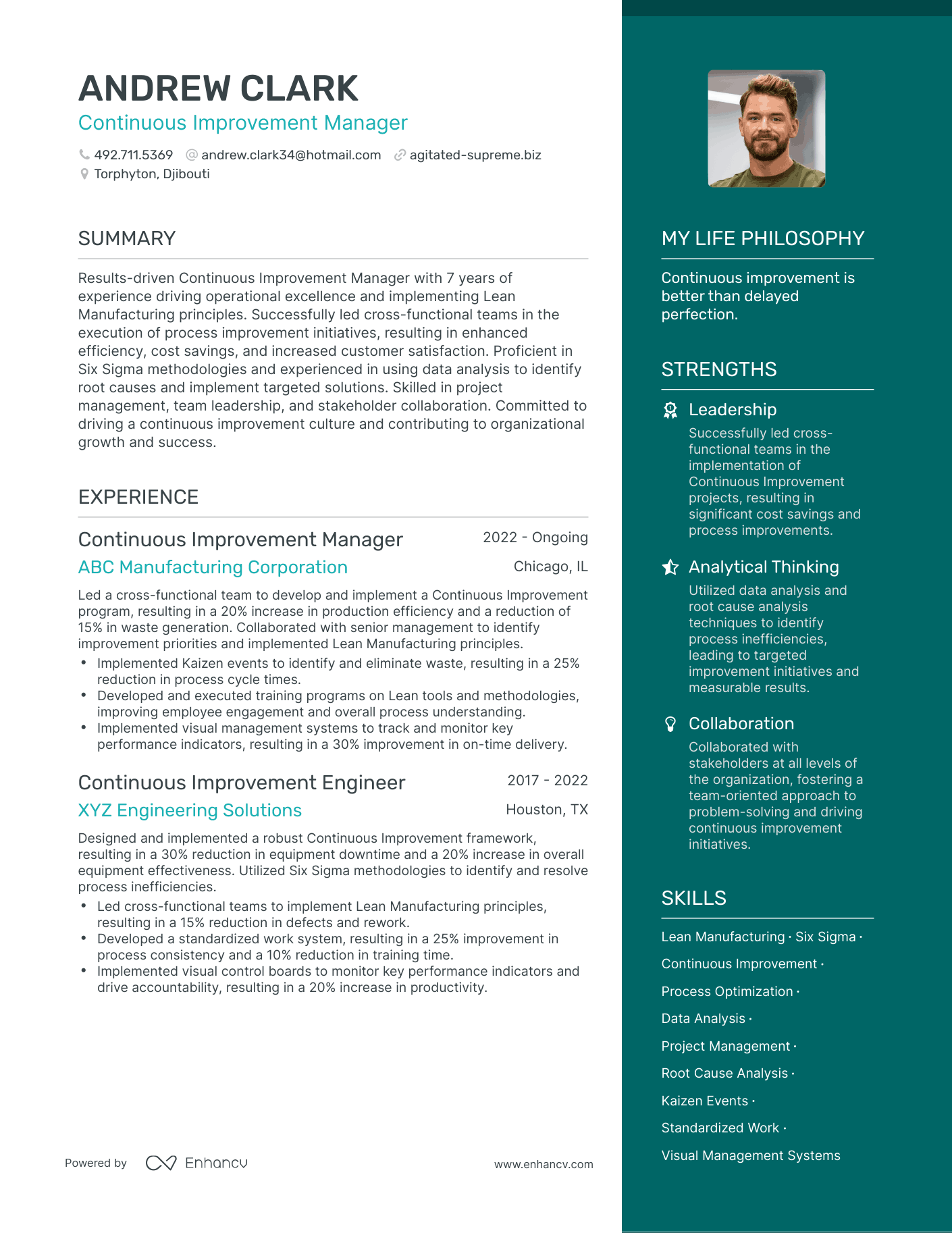 Continuous Improvement Manager resume example