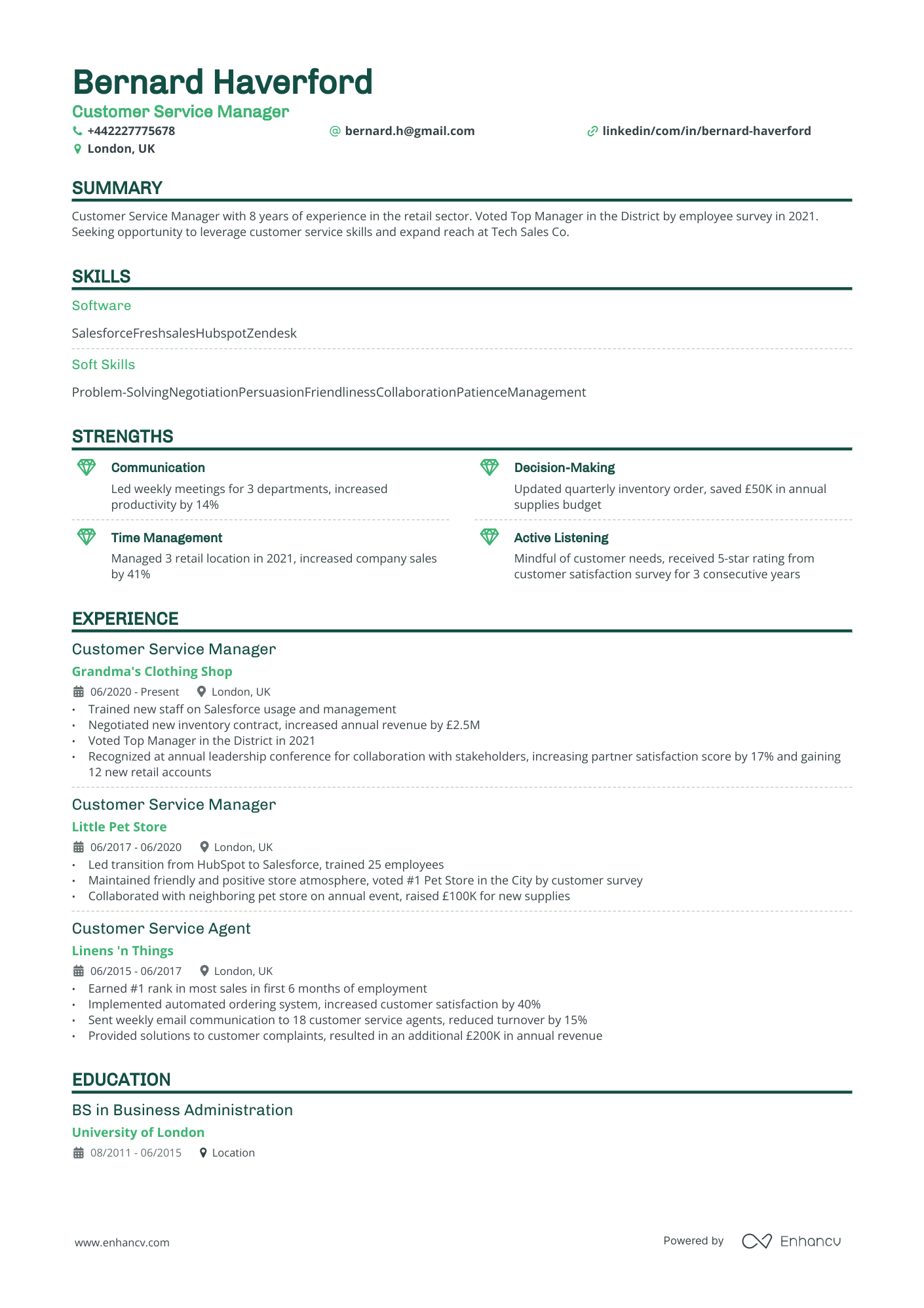 Customer Service Manager CV example