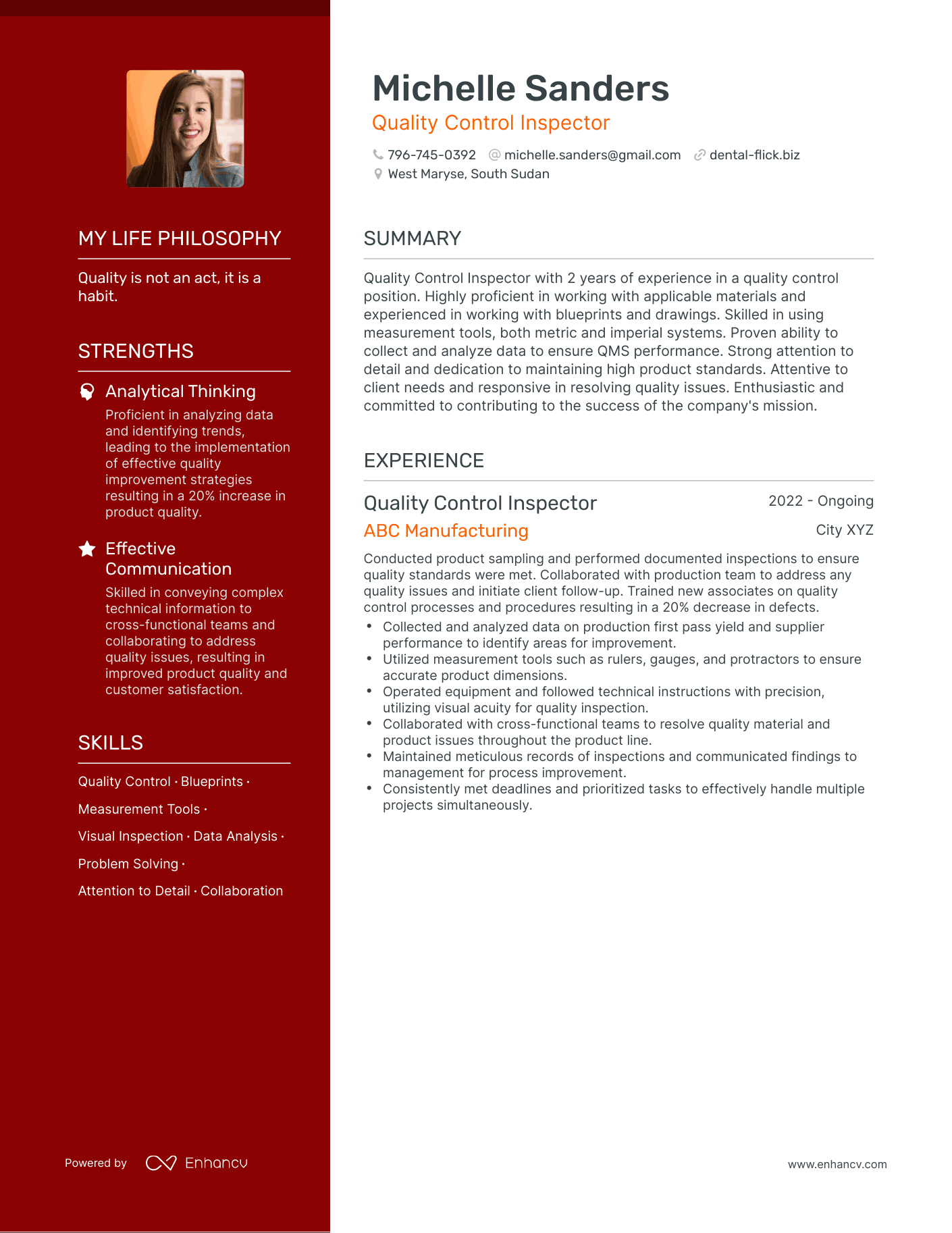 Creative Quality Control Inspector Resume Example