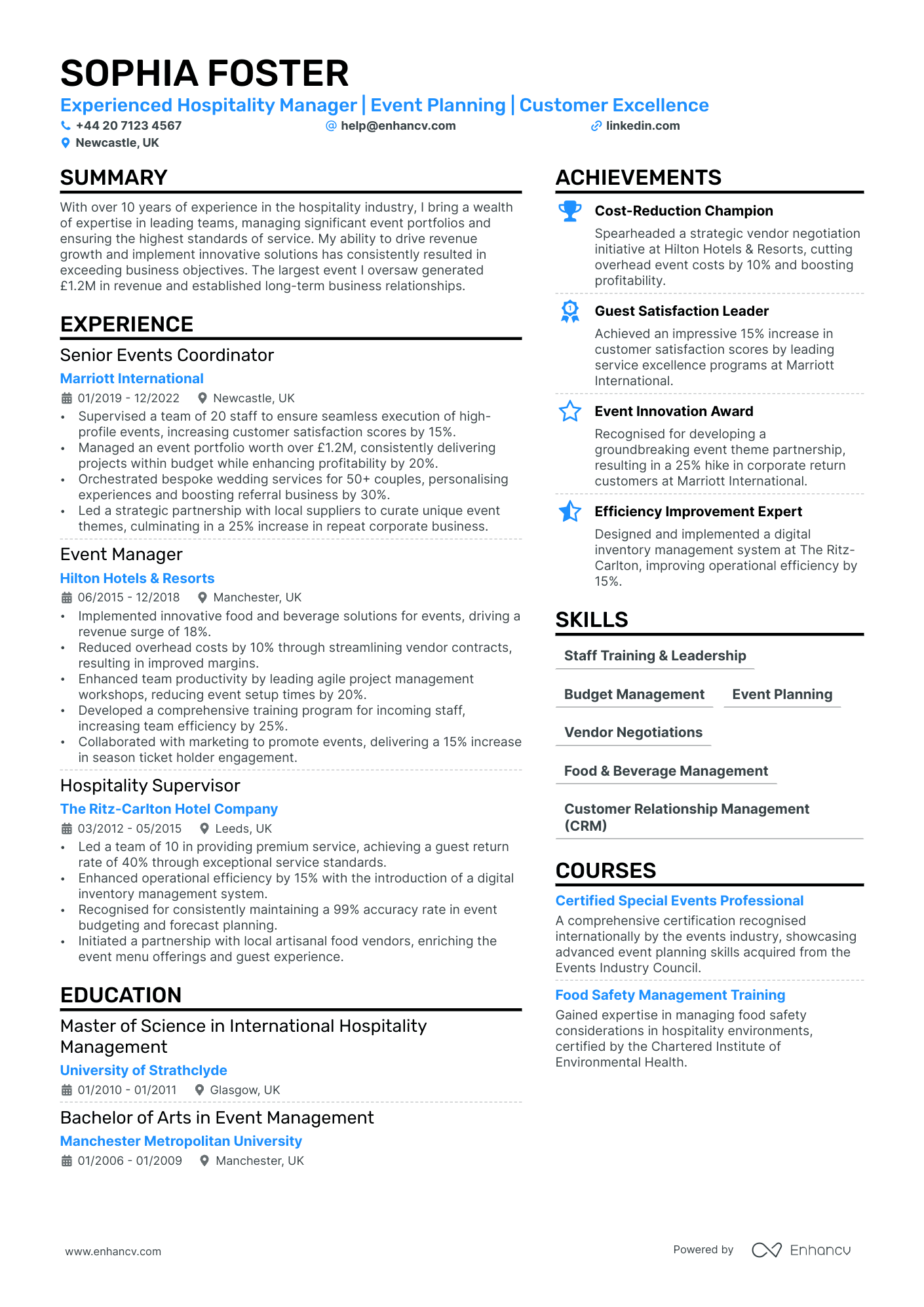 Hospitality Manager cv example