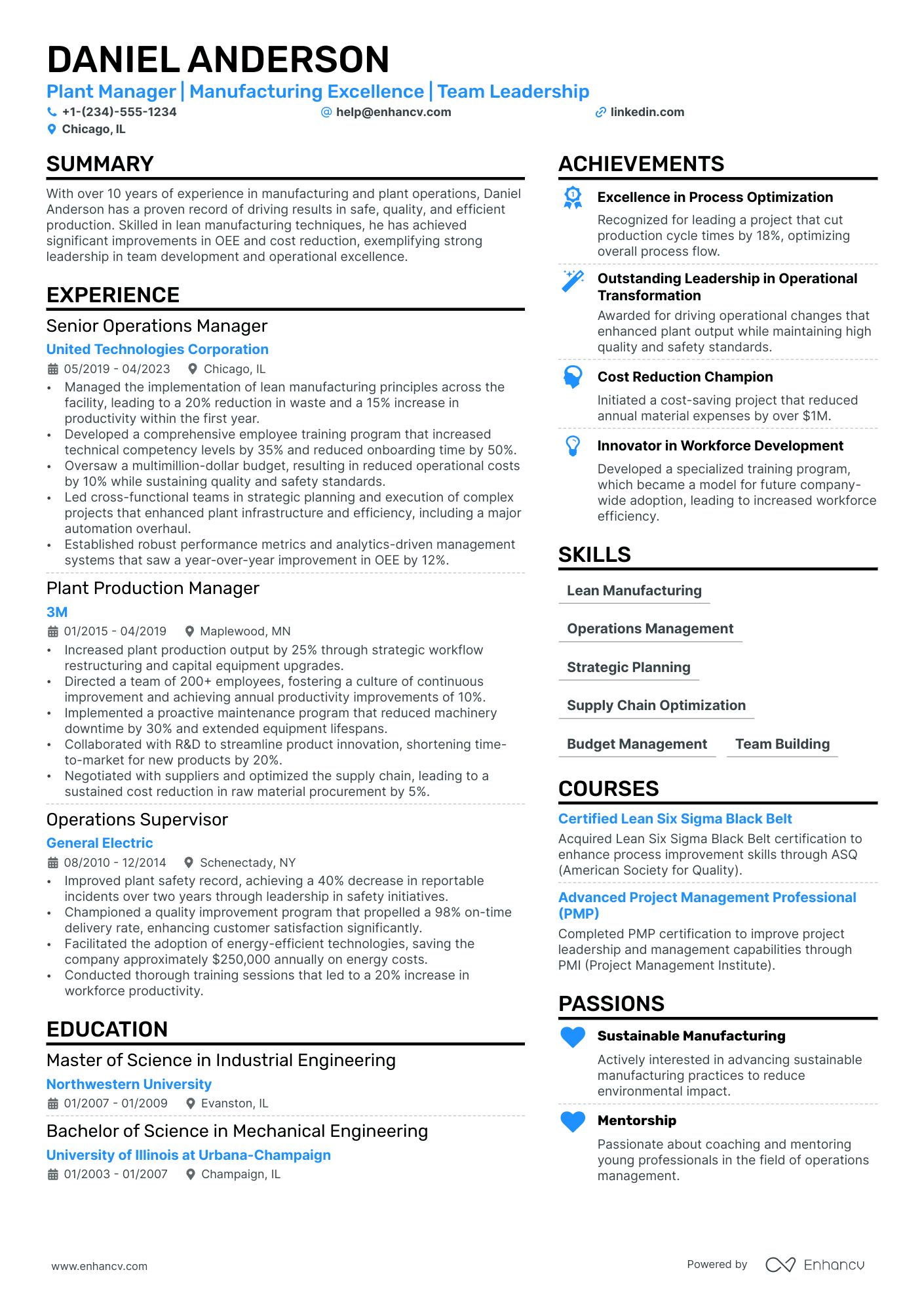 Plant Manager resume example