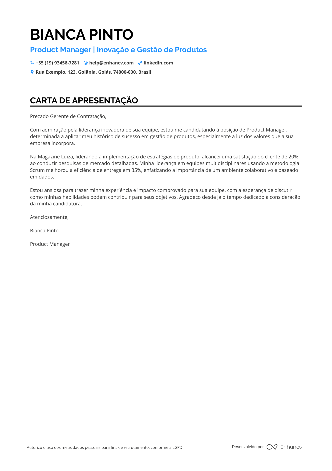 Gerente de Produto Carta de apresentação