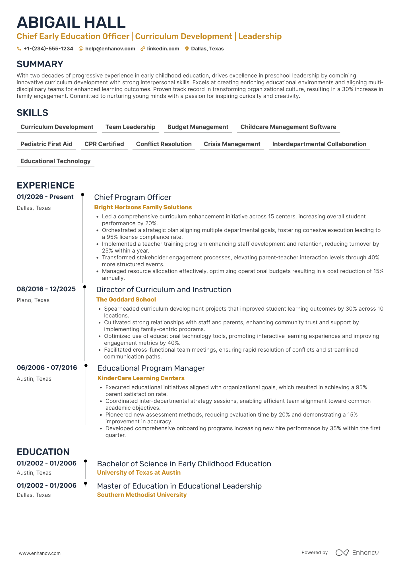 Preschool Director resume example