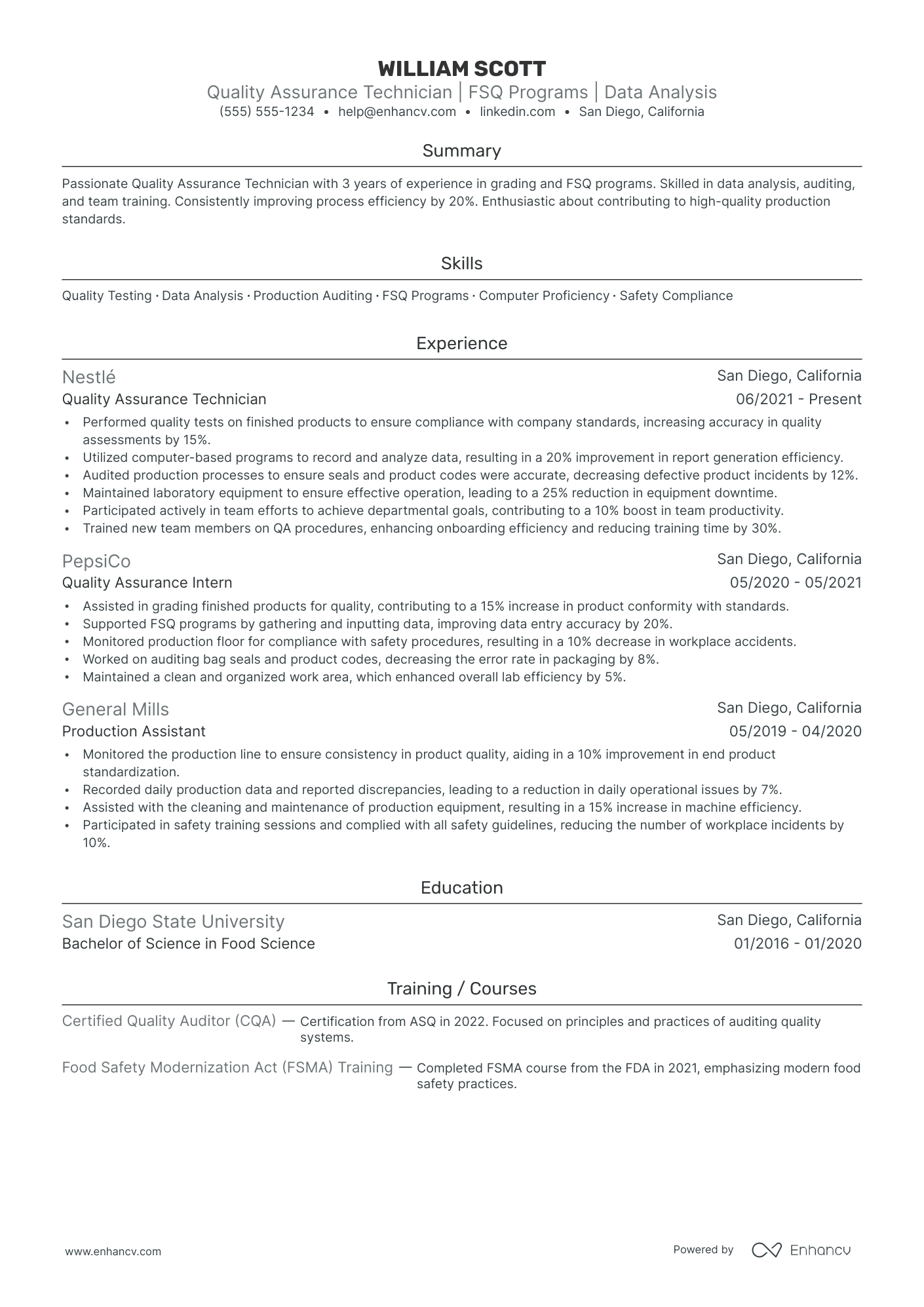 Quality Assurance Technician resume example