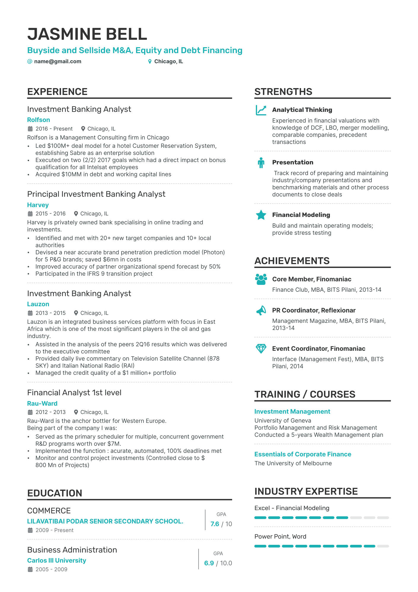 Investment Banking Analyst resume example