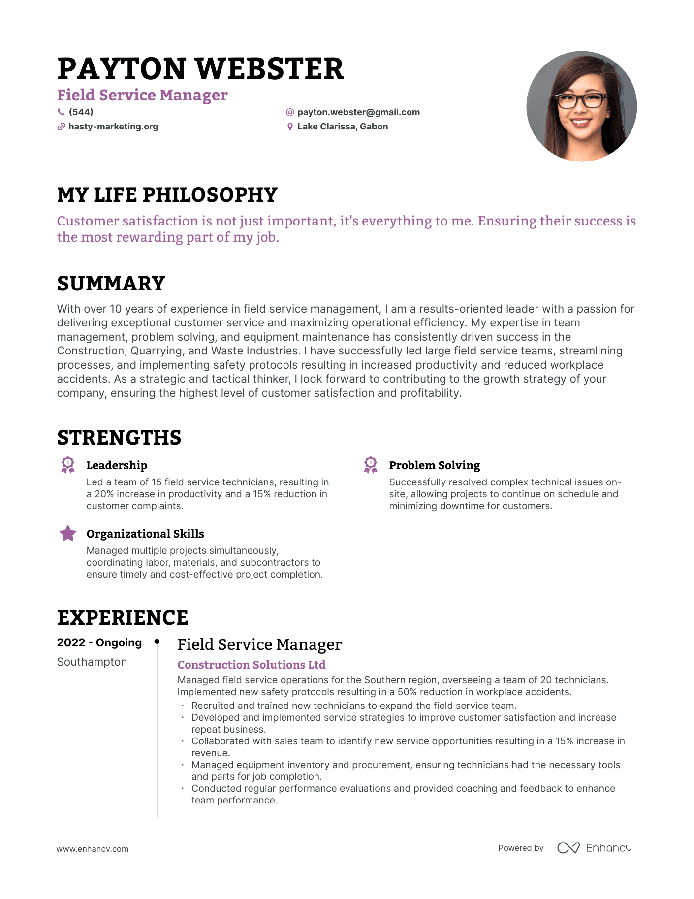 Creative Field Service Manager Resume Example