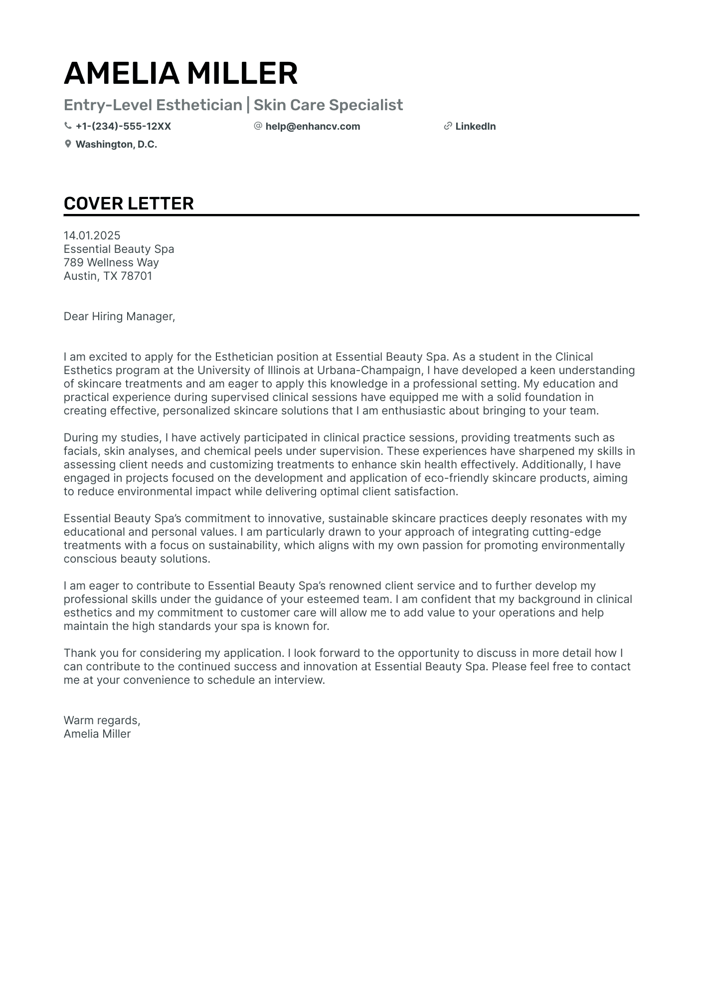 Student Esthetician cover letter