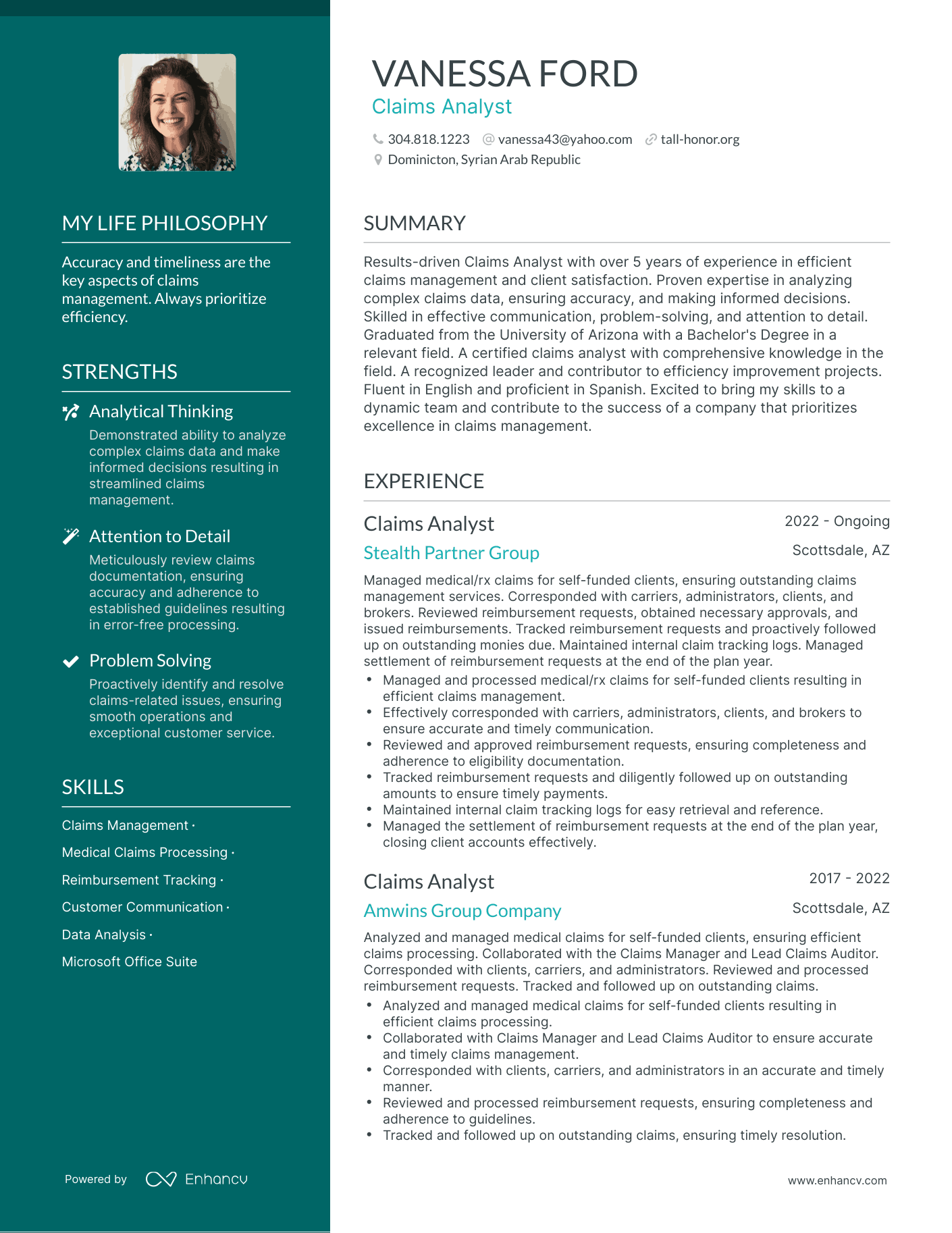 Creative Claims Analyst Resume Example