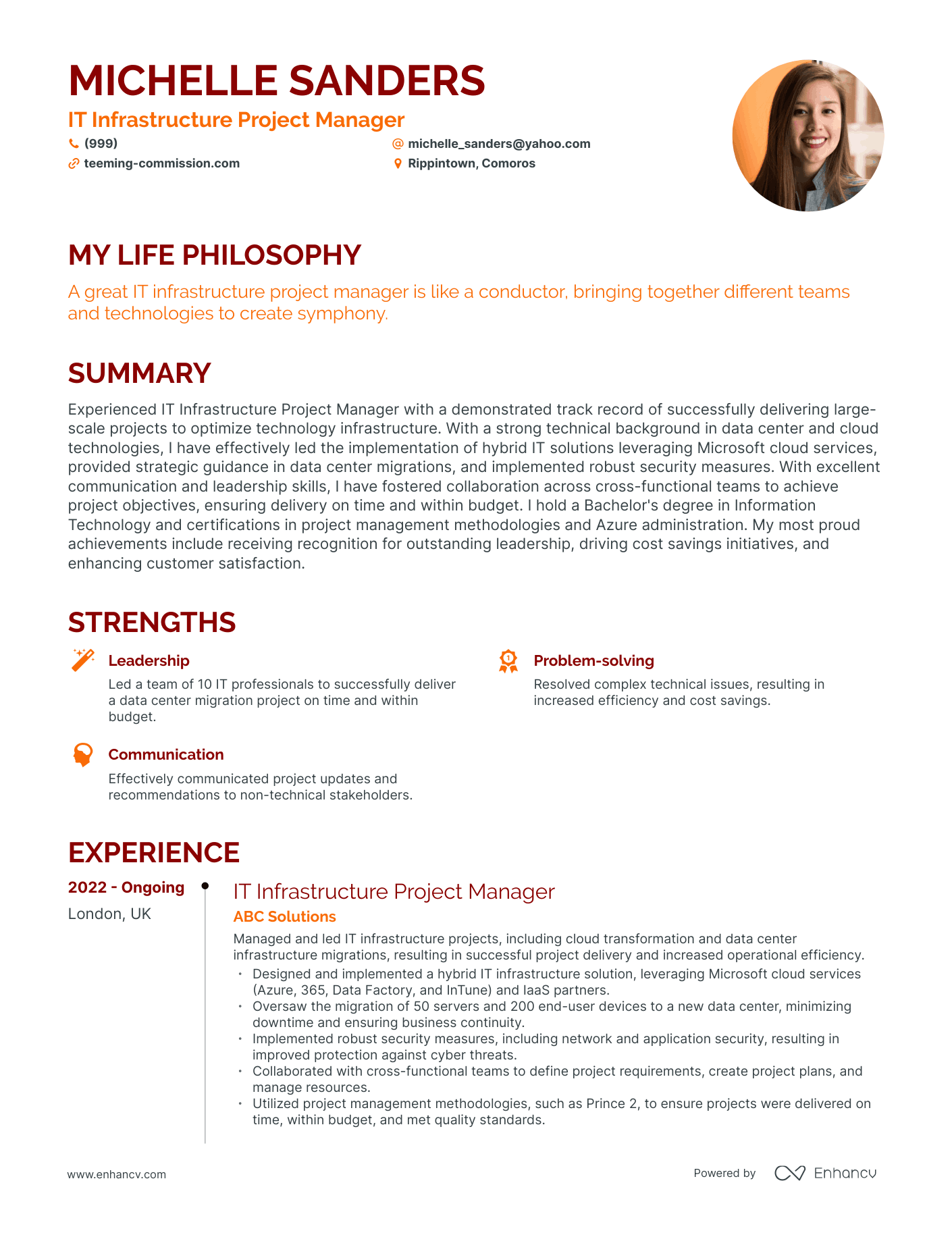 Creative IT Infrastructure Project Manager Resume Example