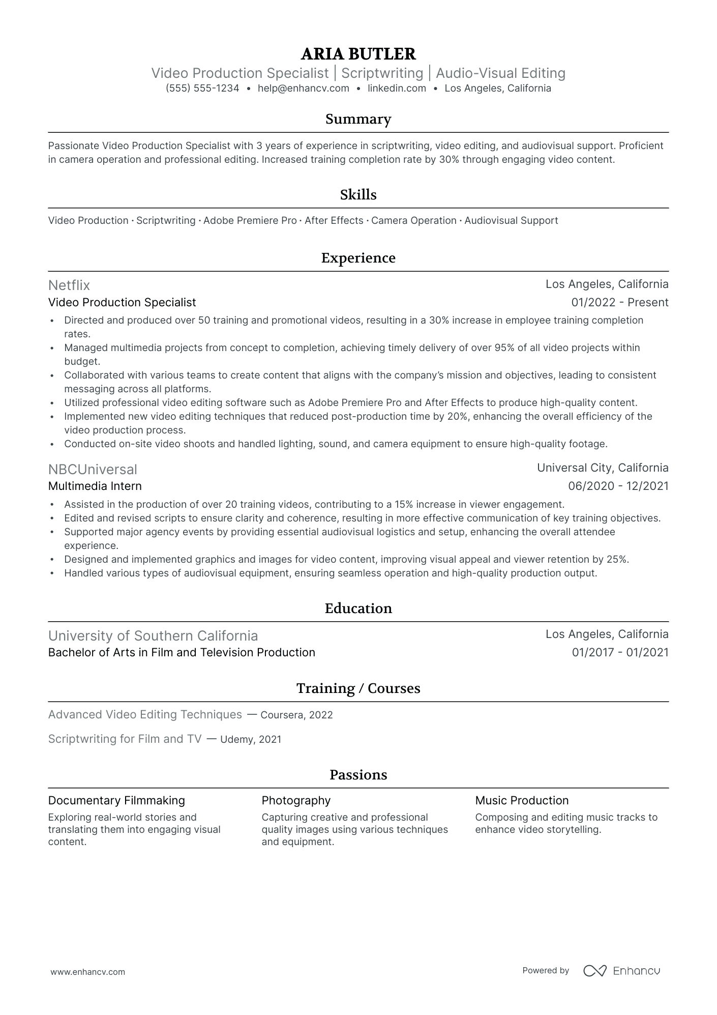 Video Post-Production Editor resume example