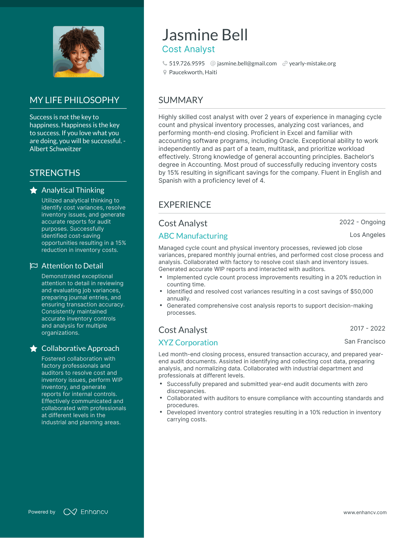 Cost Analyst resume example