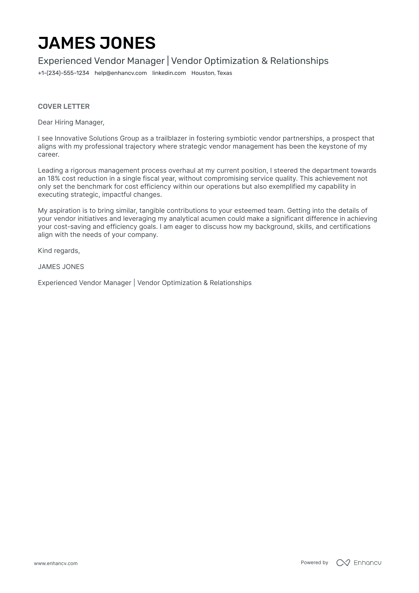 Vendor Manager cover letter
