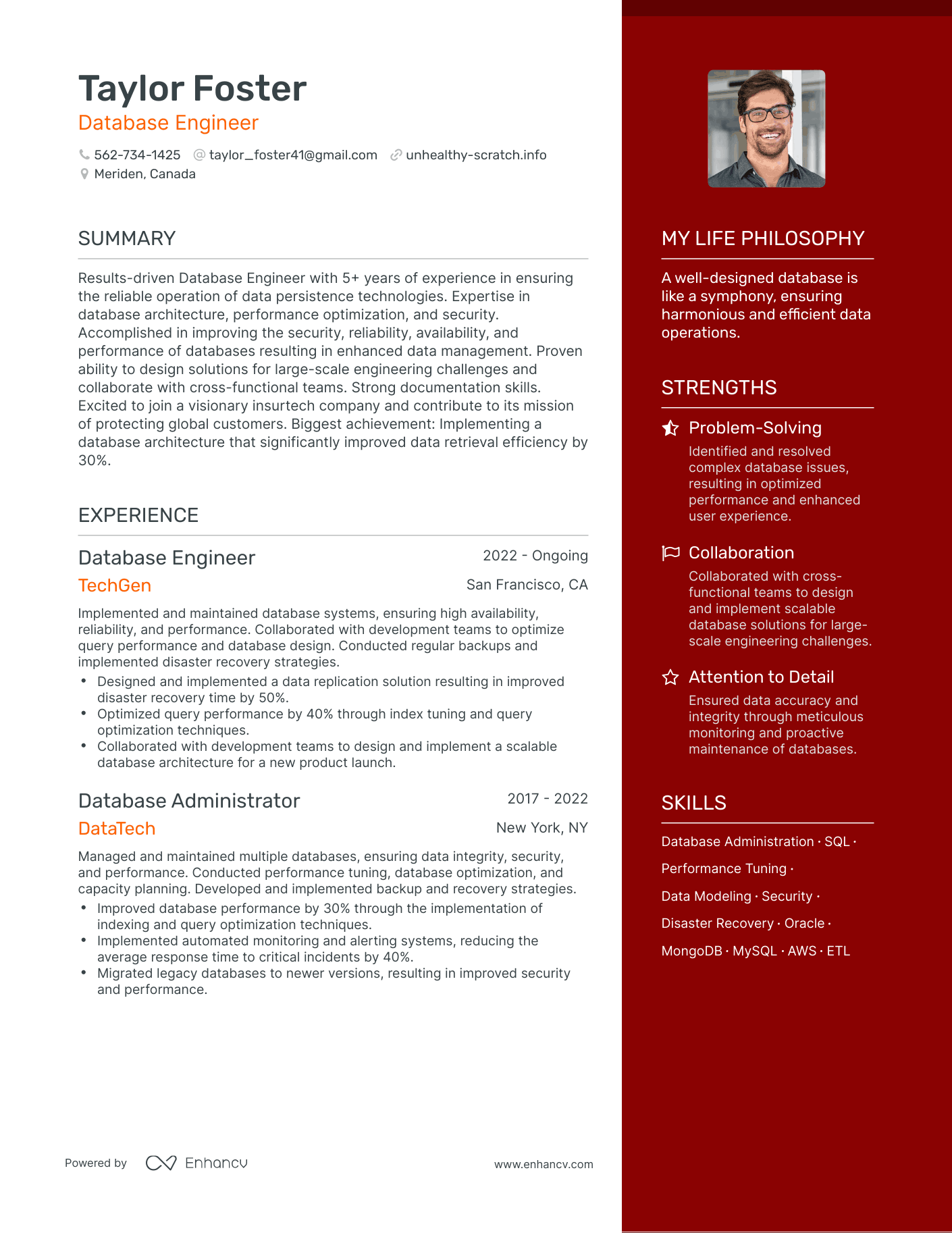 Database Engineer resume example