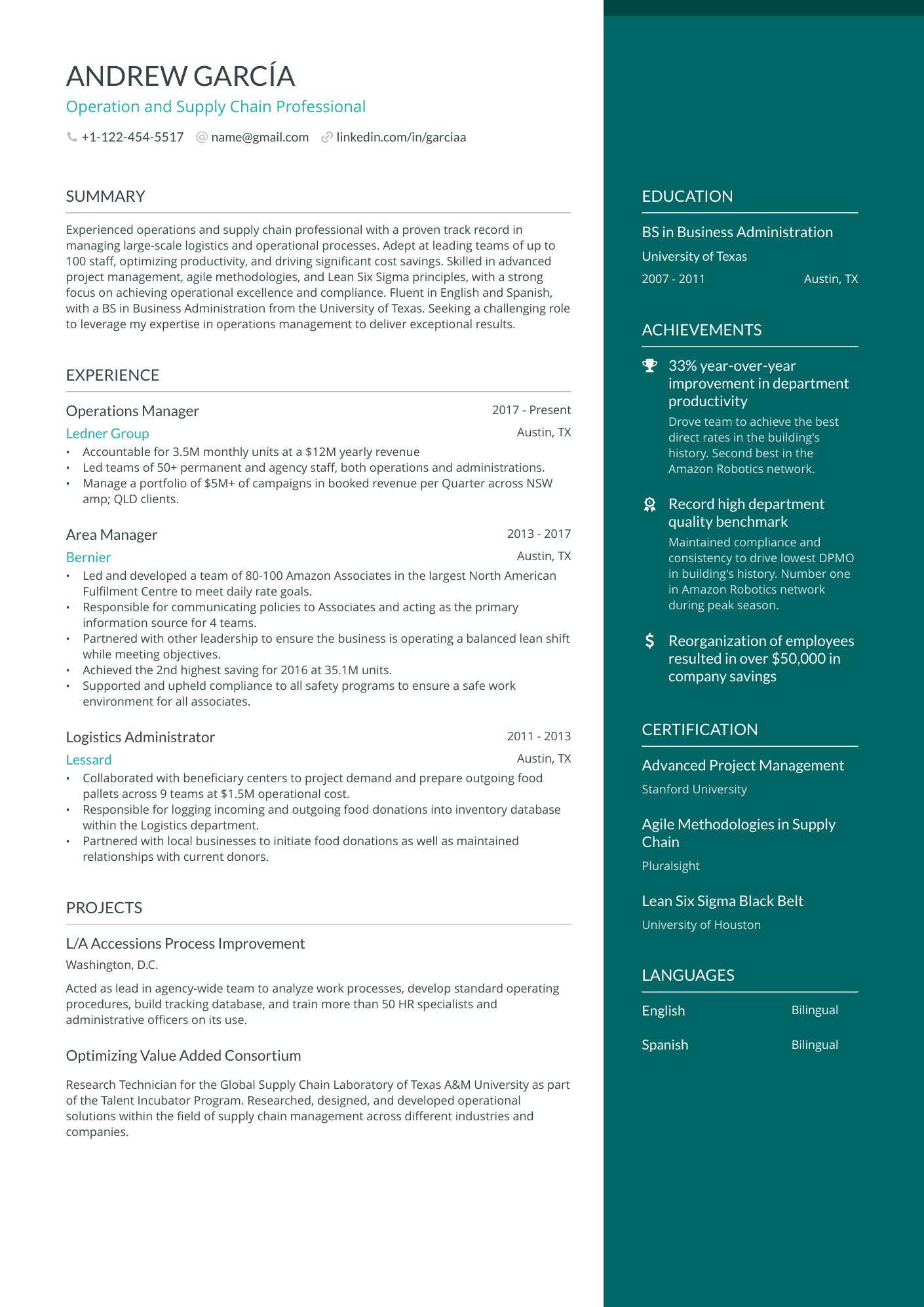 Operations Manager resume example