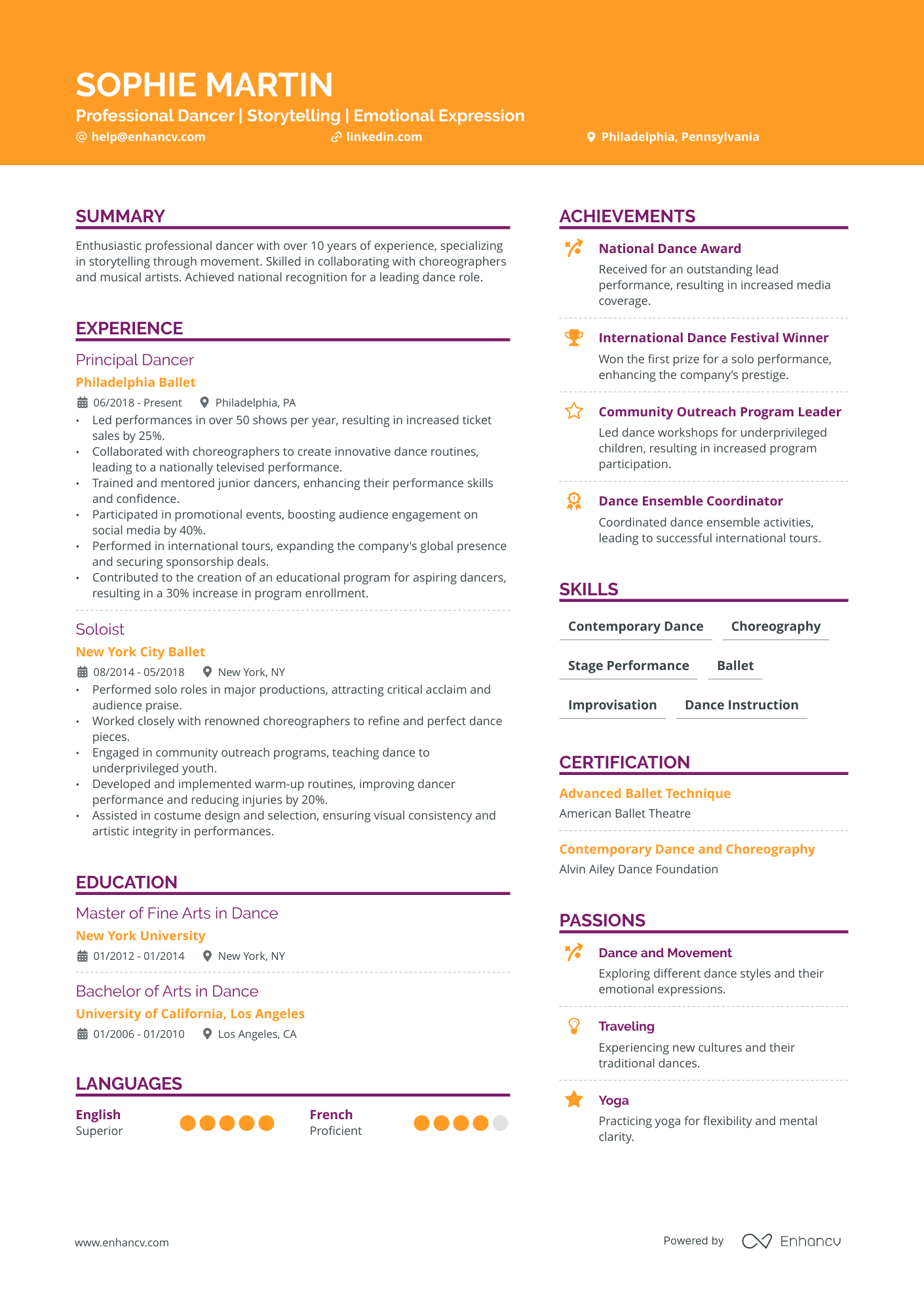 Dance resume example