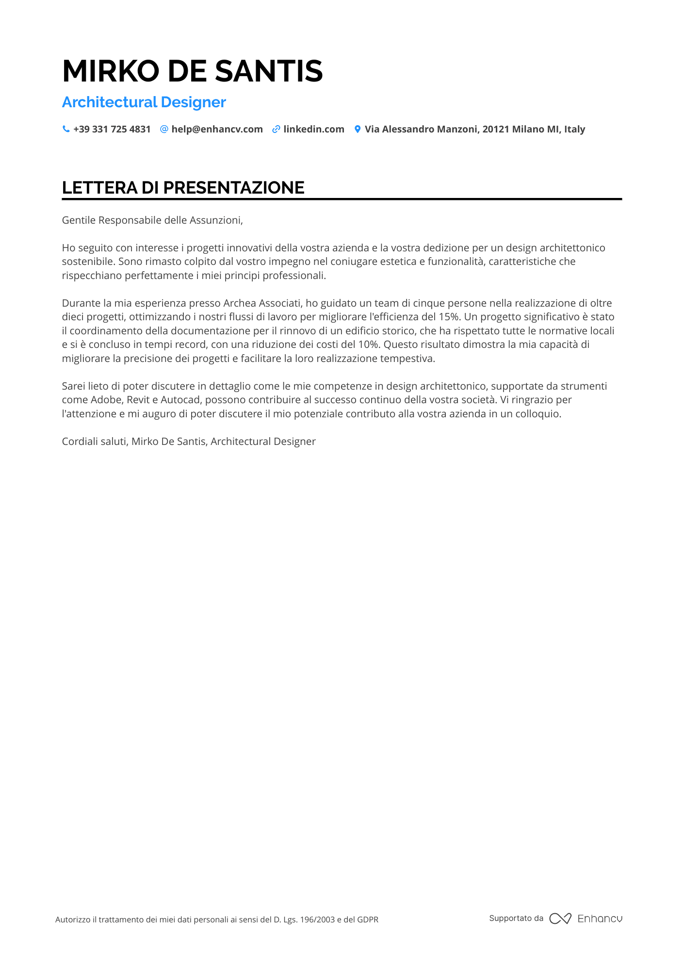 Architetto Lettera di presentazione