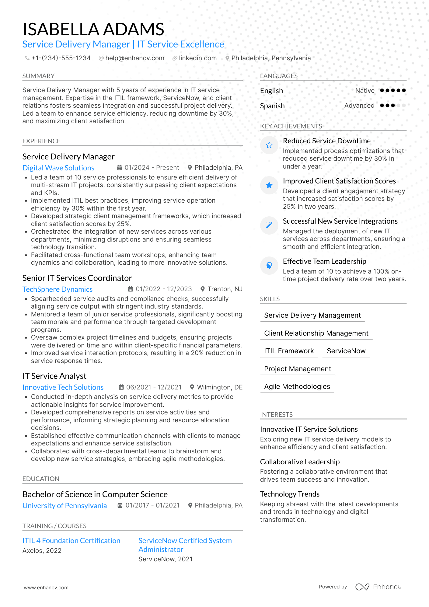 Service Delivery Manager resume example