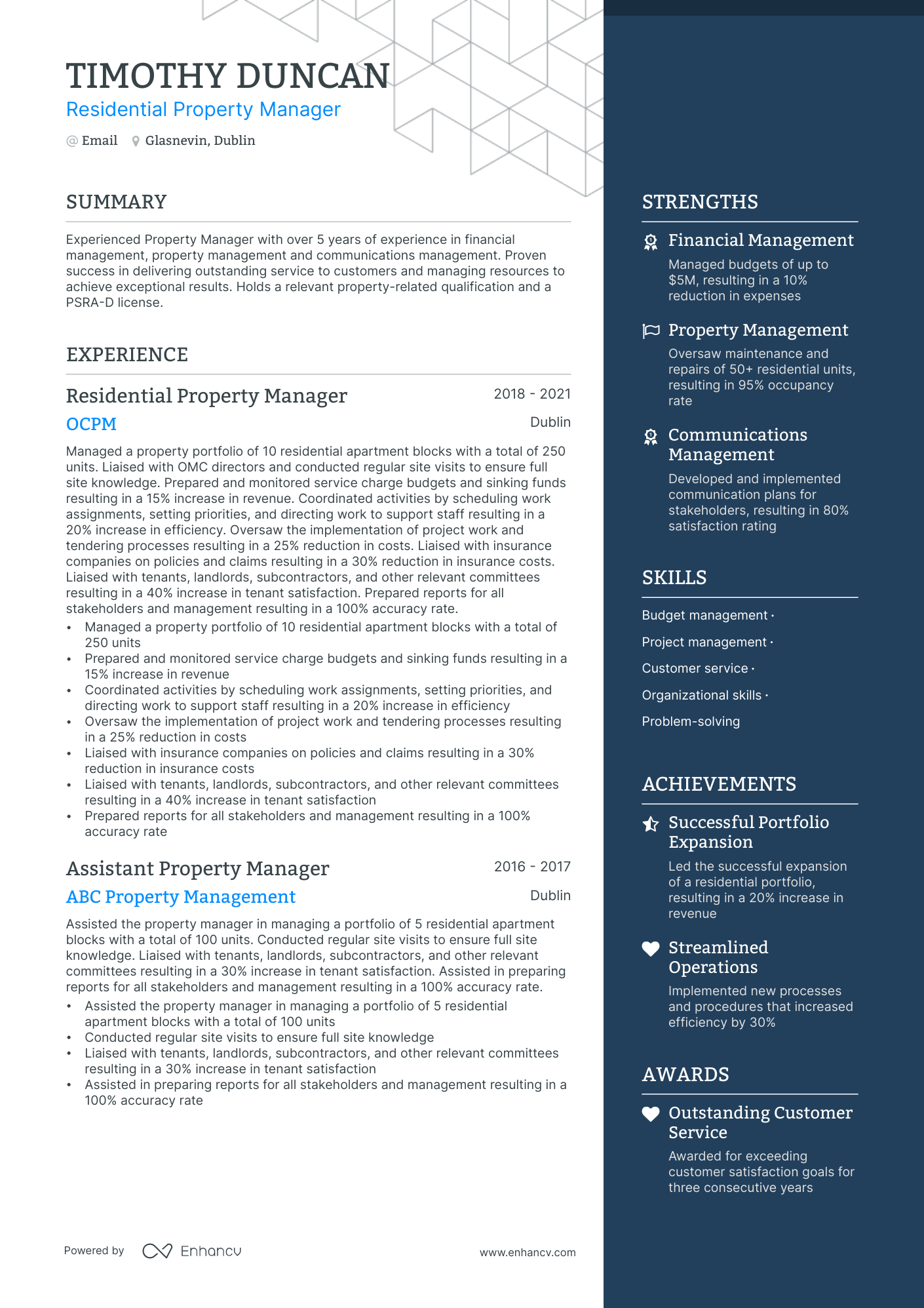 residential property manager resume example