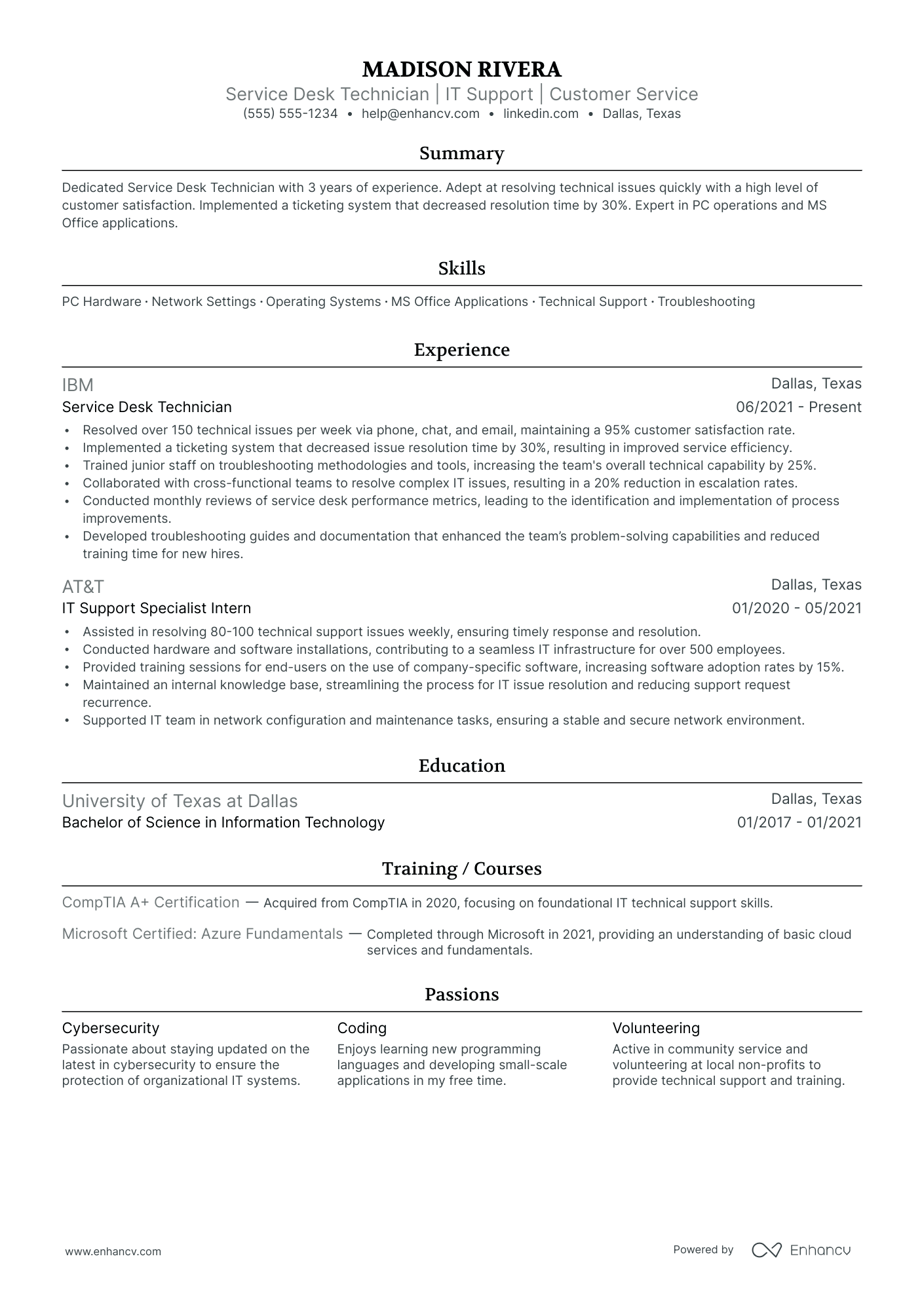 Service Desk Technician resume example