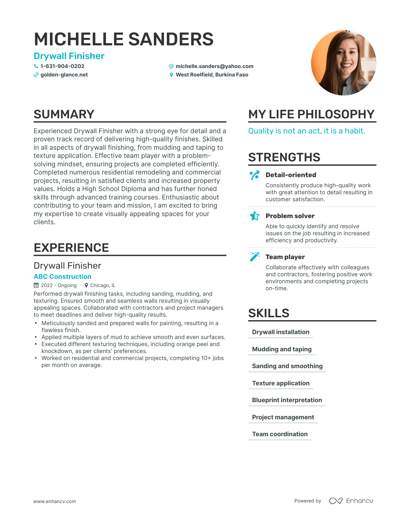 Drywall Finisher resume example