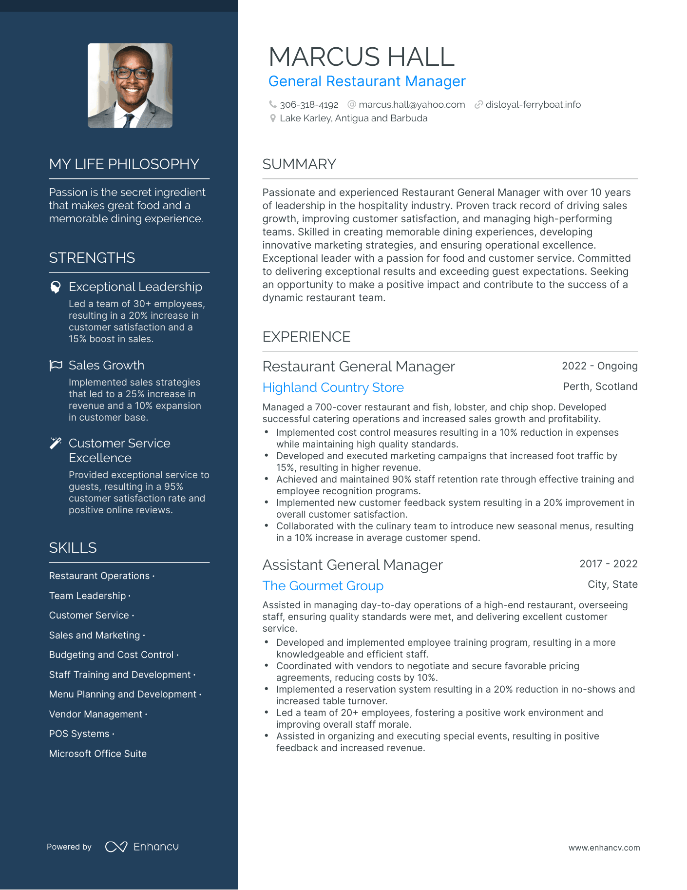 General Restaurant Manager resume example