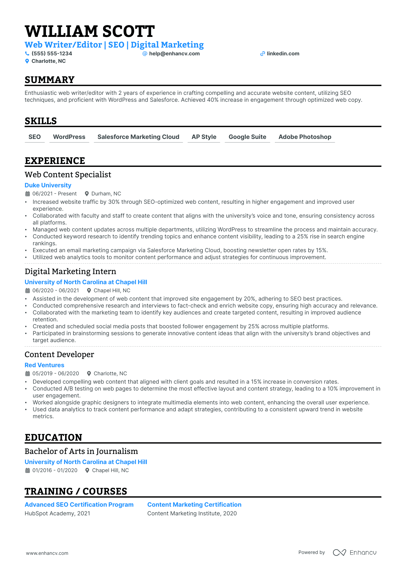 Web Content Writer resume example