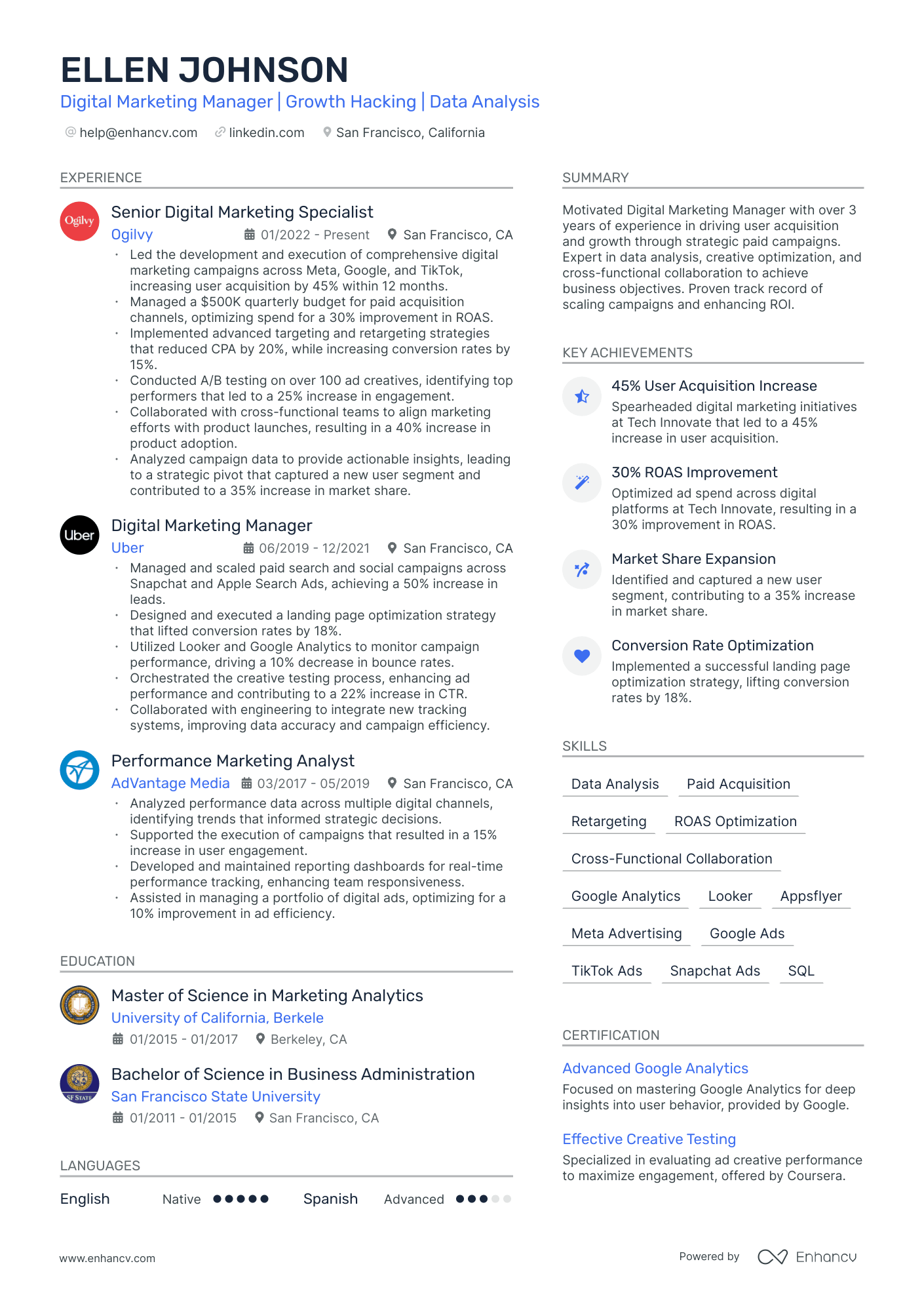 A resume with two columns and a photo in the resume header and royal blue accent color. A long summary and an experience section in focus.