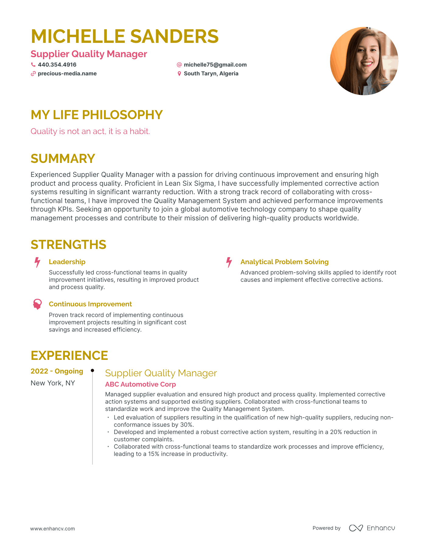 Creative Supplier Quality Manager Resume Example