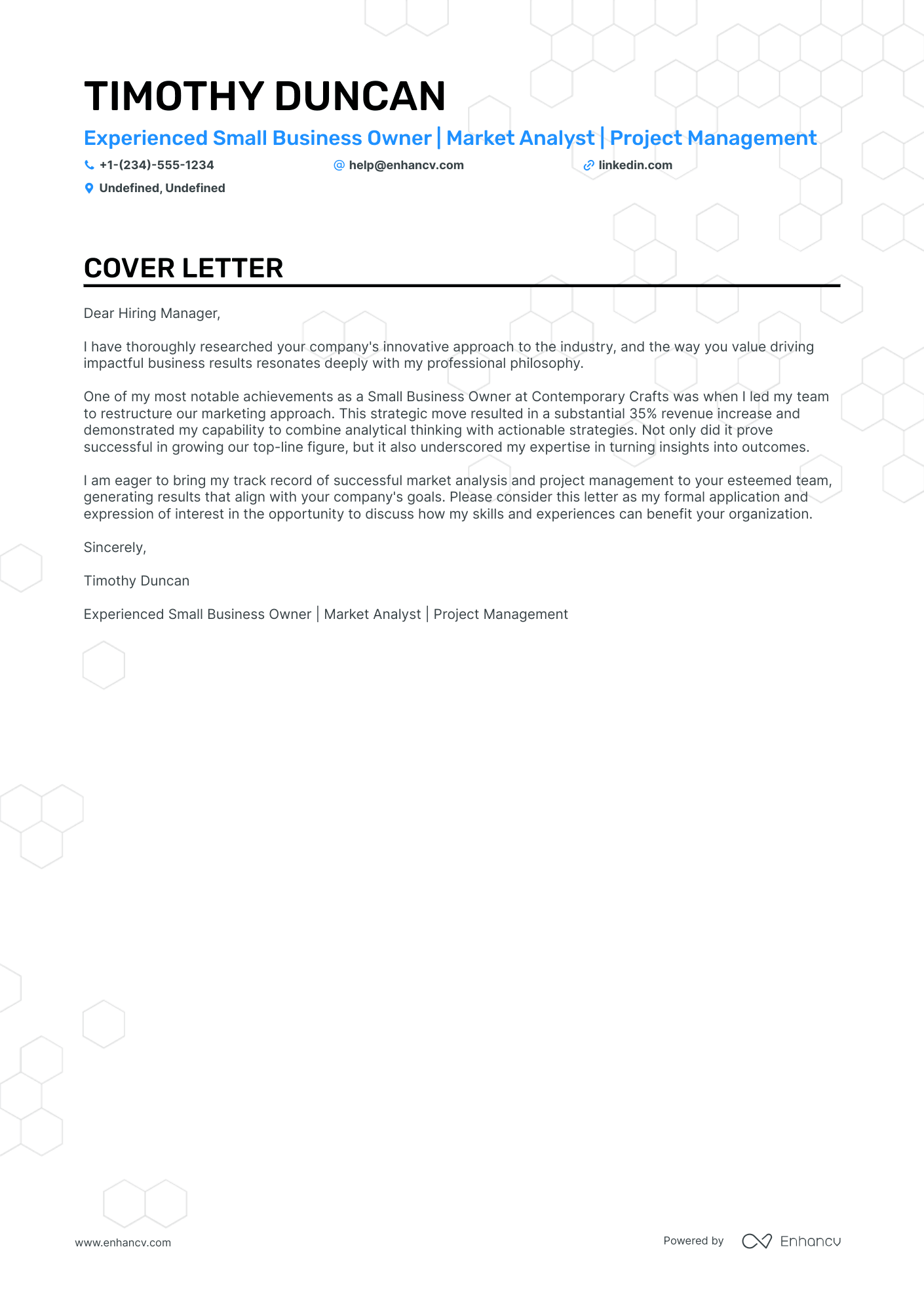 Small Business Owner cover letter