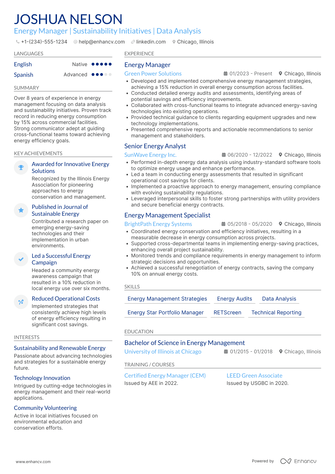 Energy Manager resume example