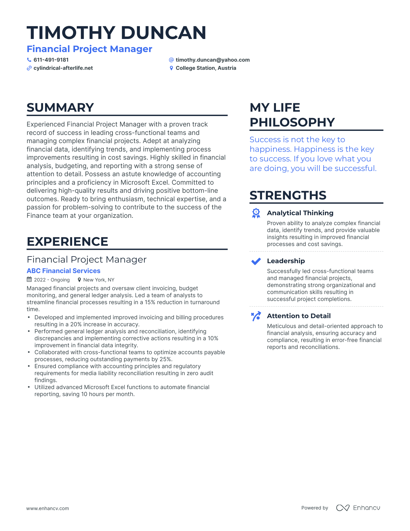 Financial Project Manager resume example