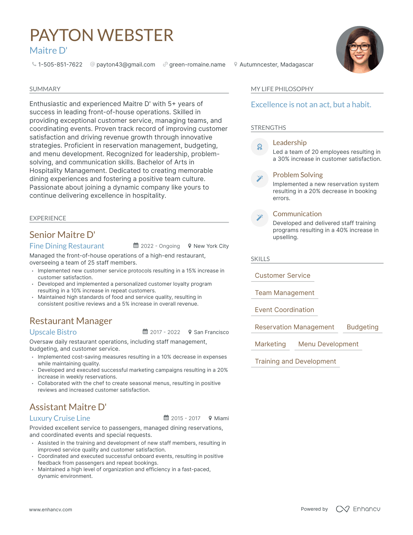 Maitre D' resume example