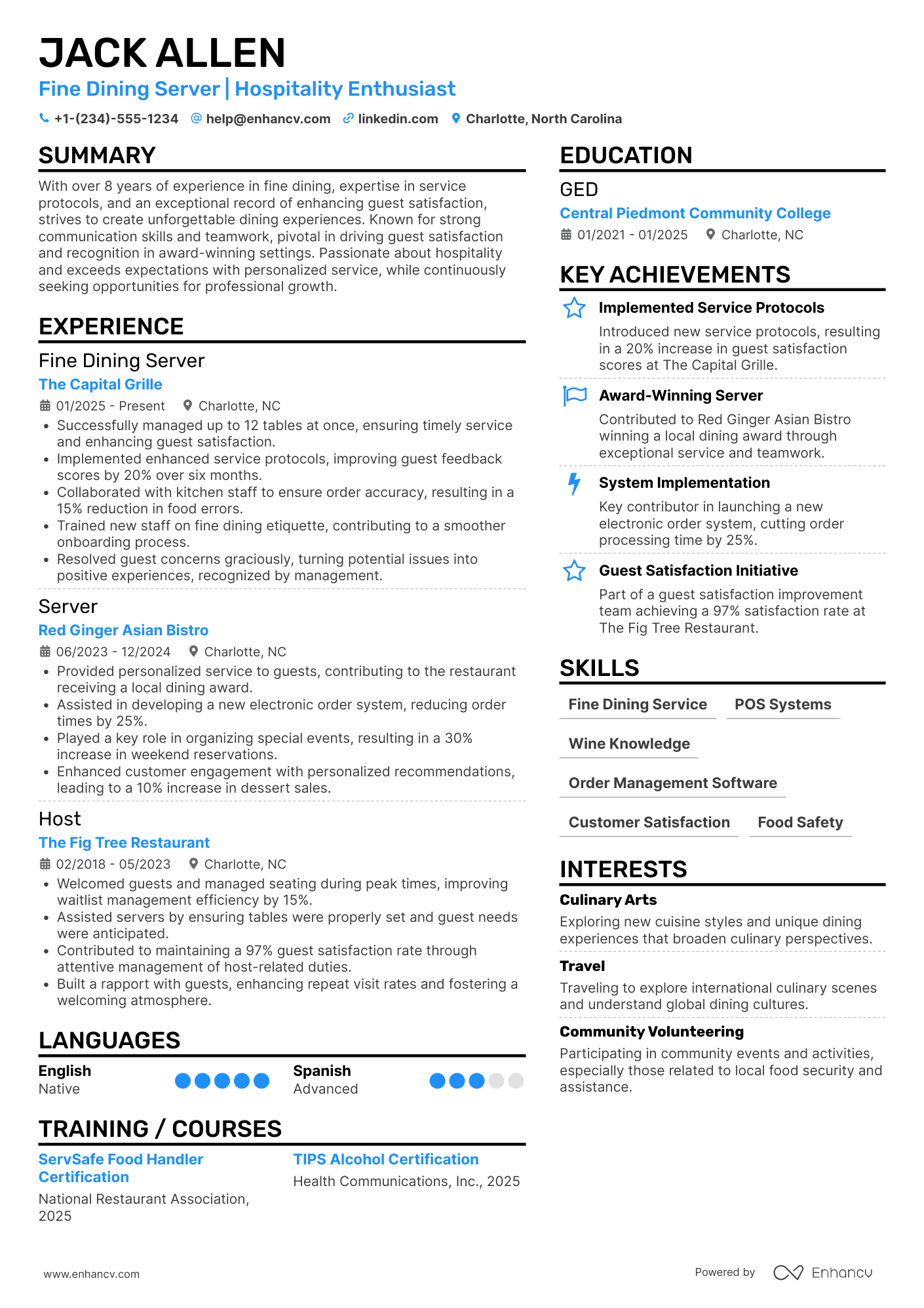Fine Dining Server resume example