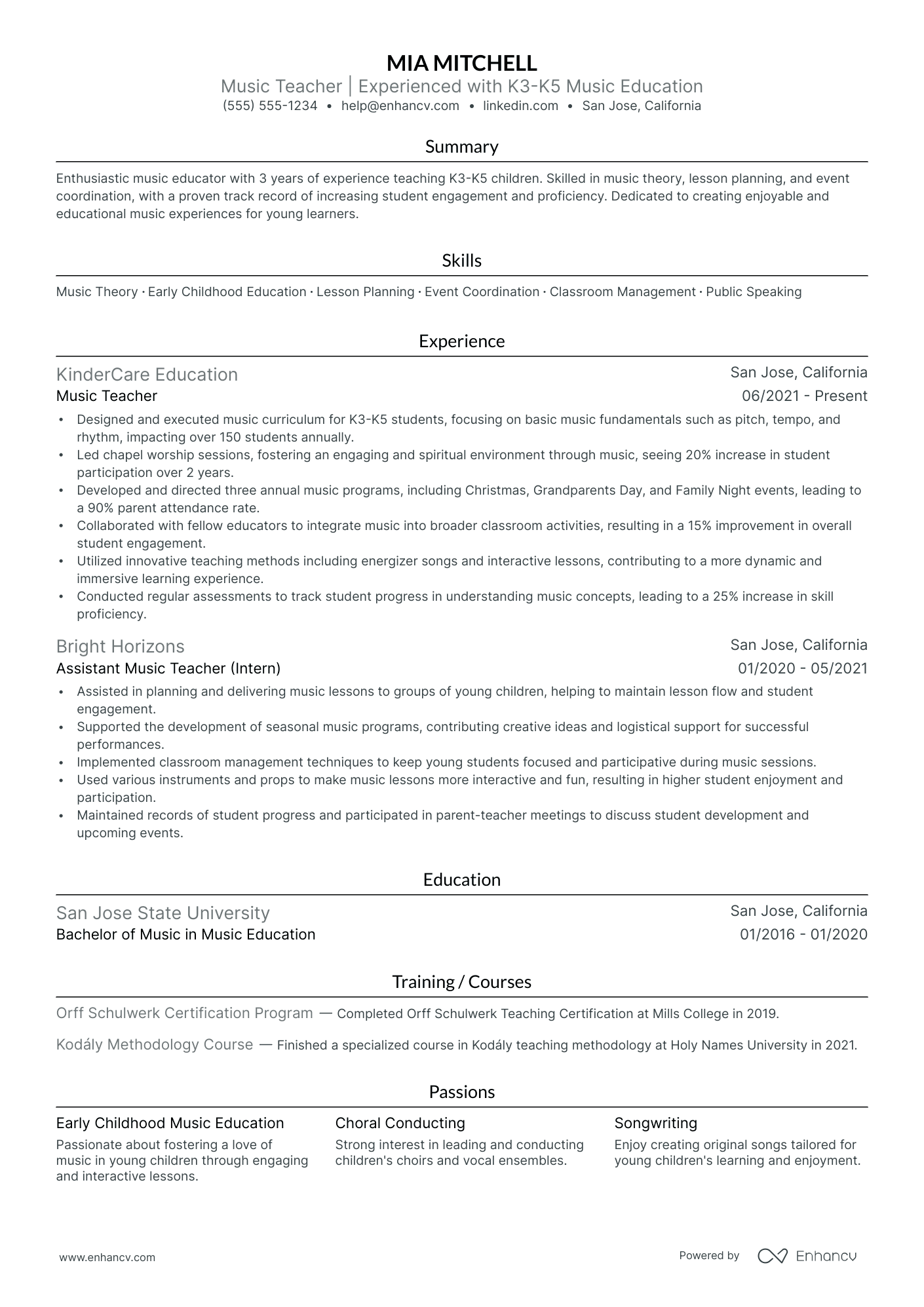 Preschool Music Teacher resume example