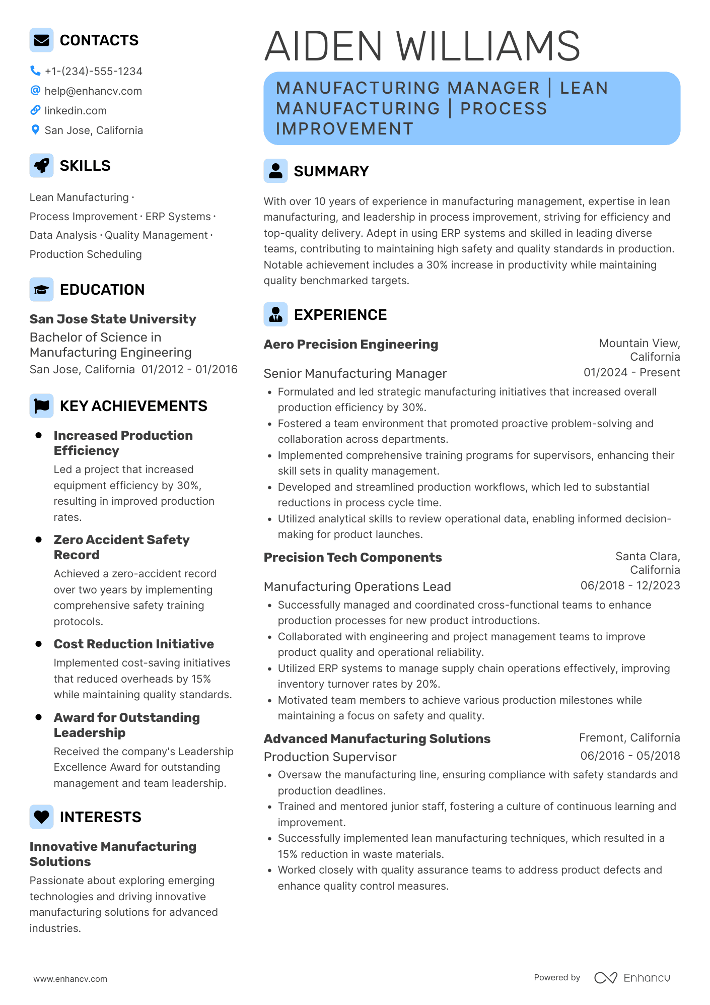 Manufacturing Manager resume example