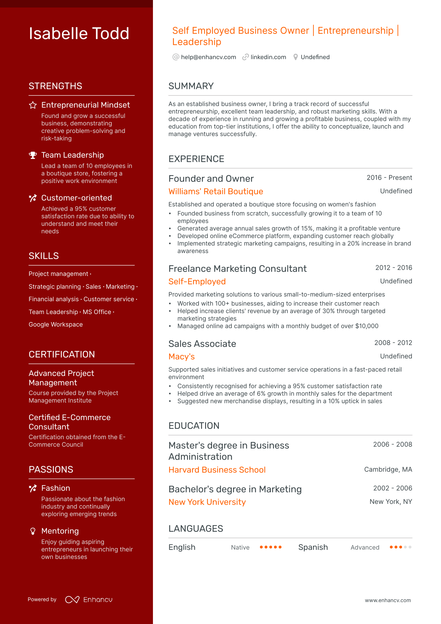 Self Employed Business Owner resume example