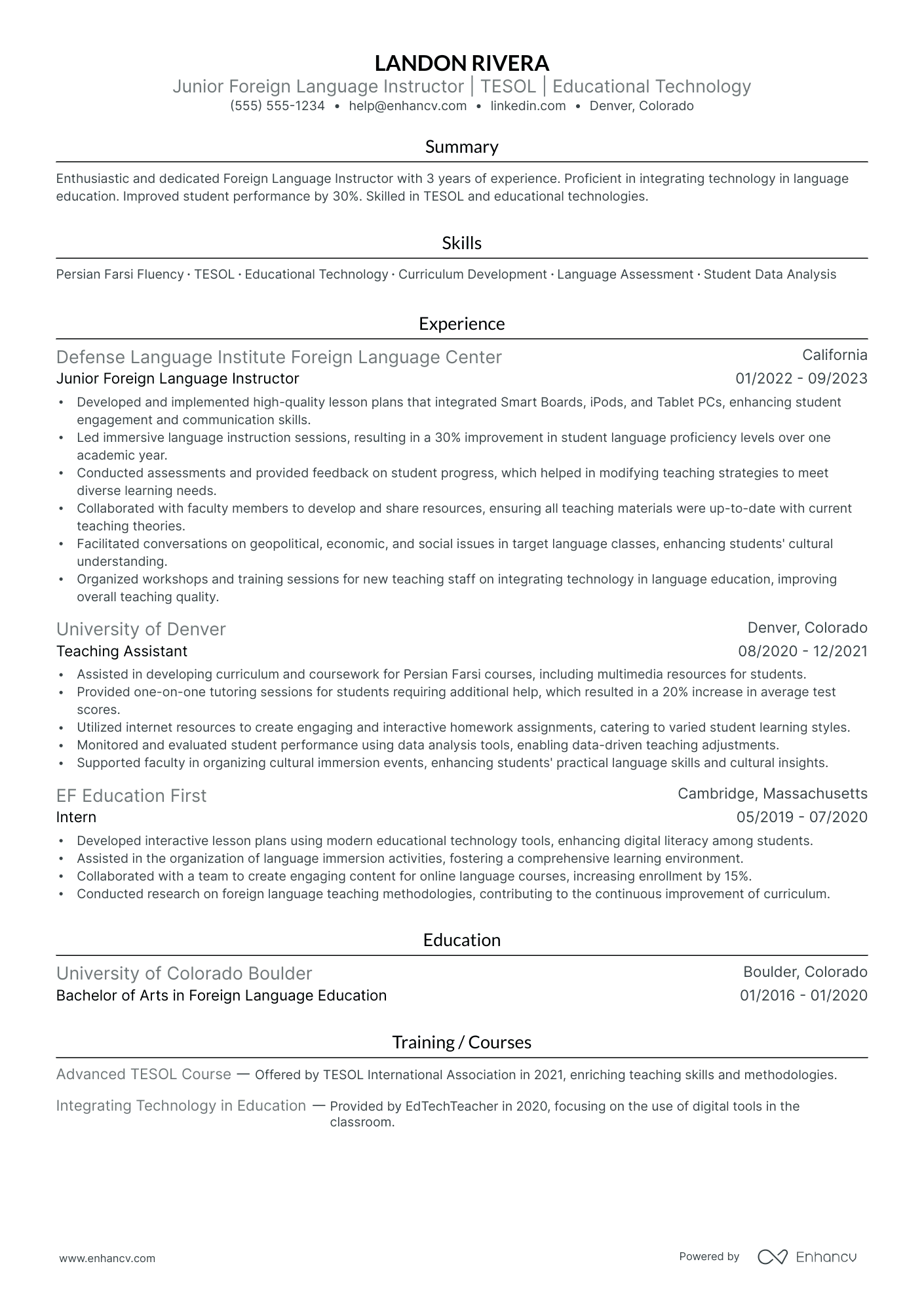 Foreign Language Teacher Assistant resume example