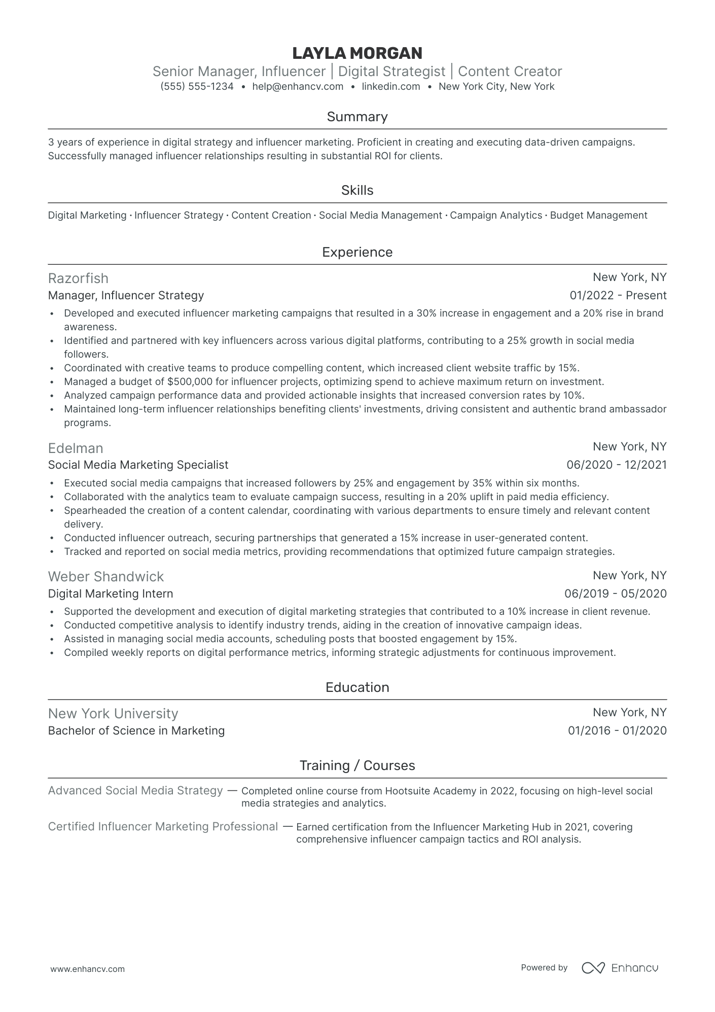 Social Media Manager for Influencer Relations Resume Example Resume Example