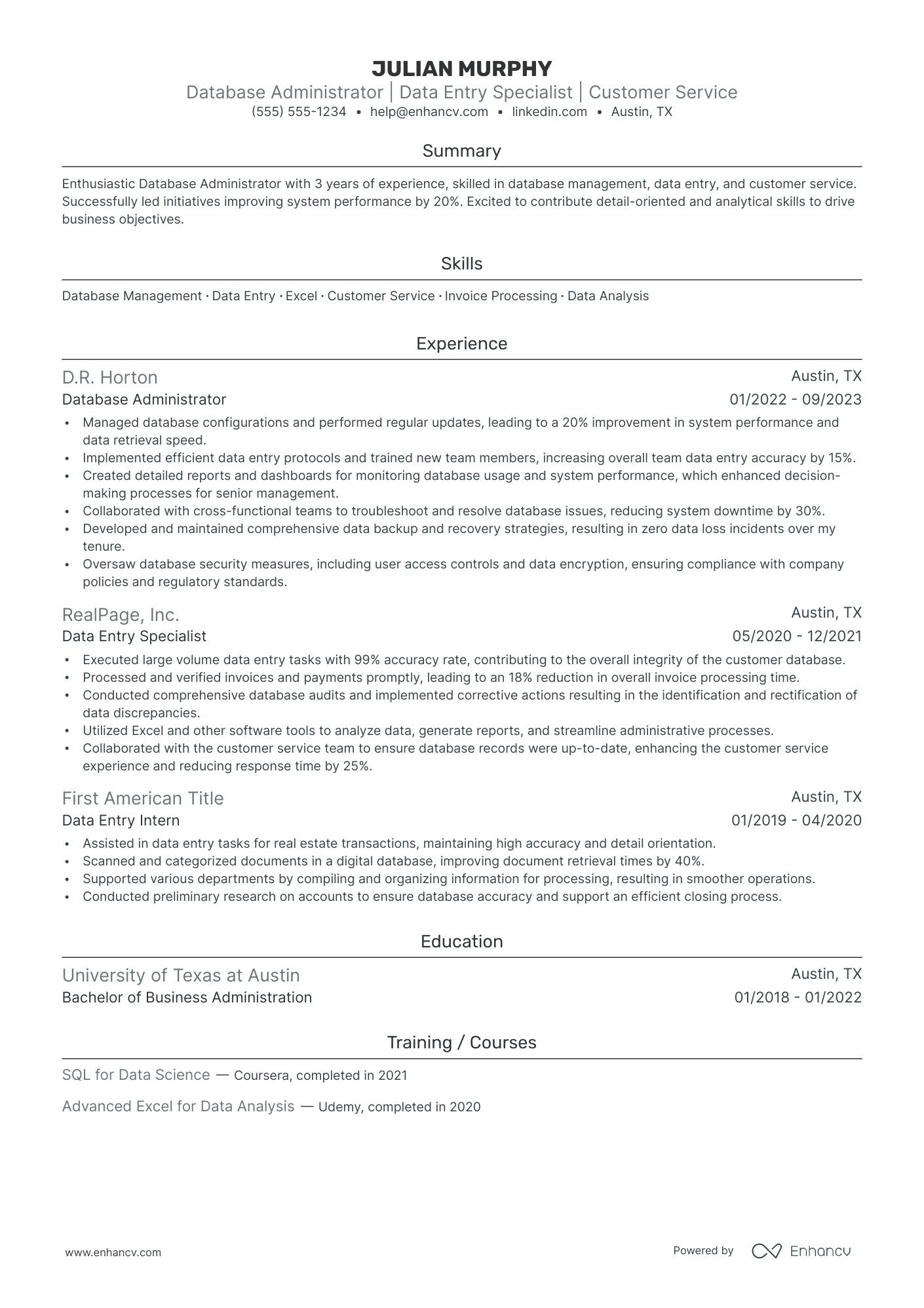 Remote Data Entry Clerk resume example