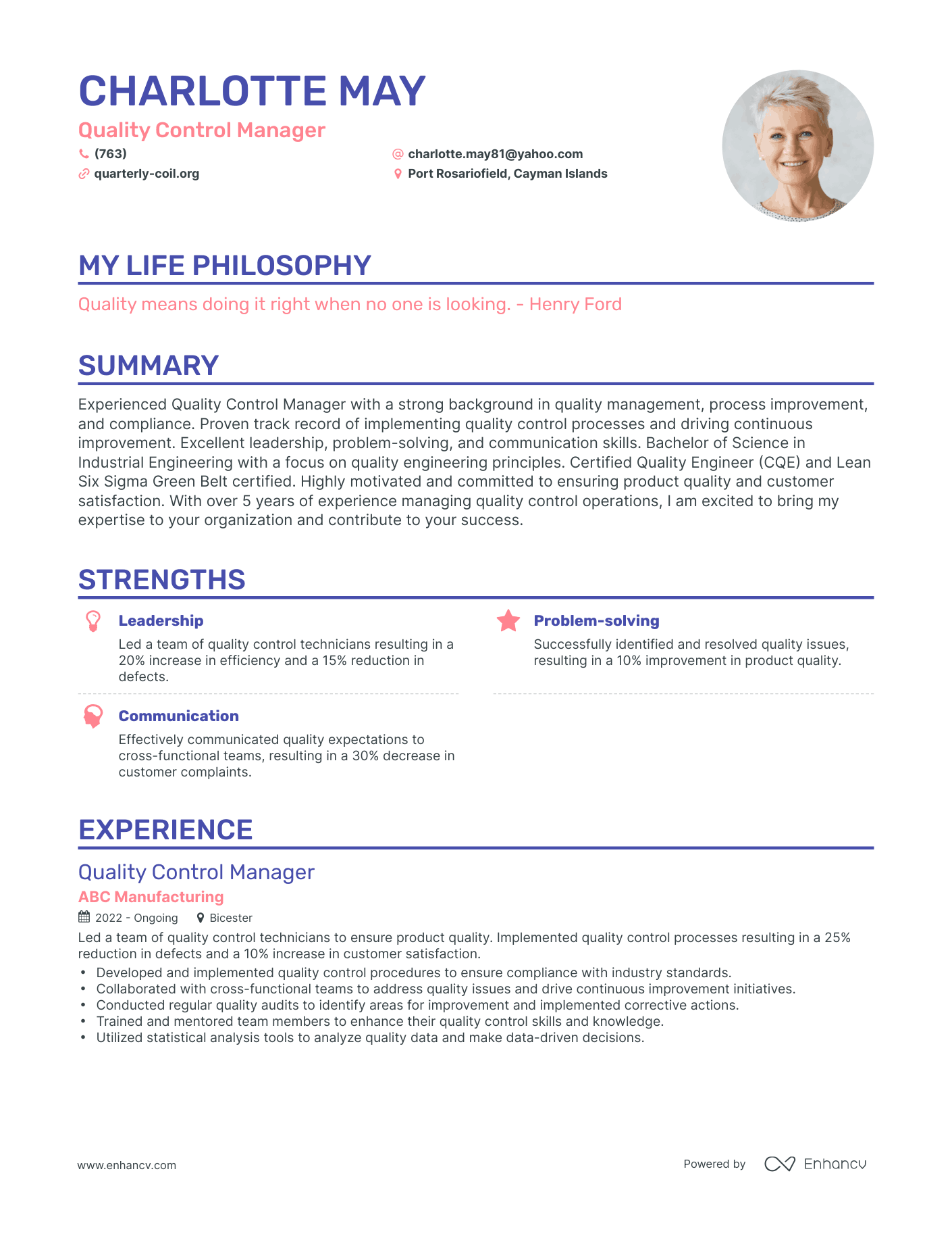 Creative Quality Control Manager Resume Example