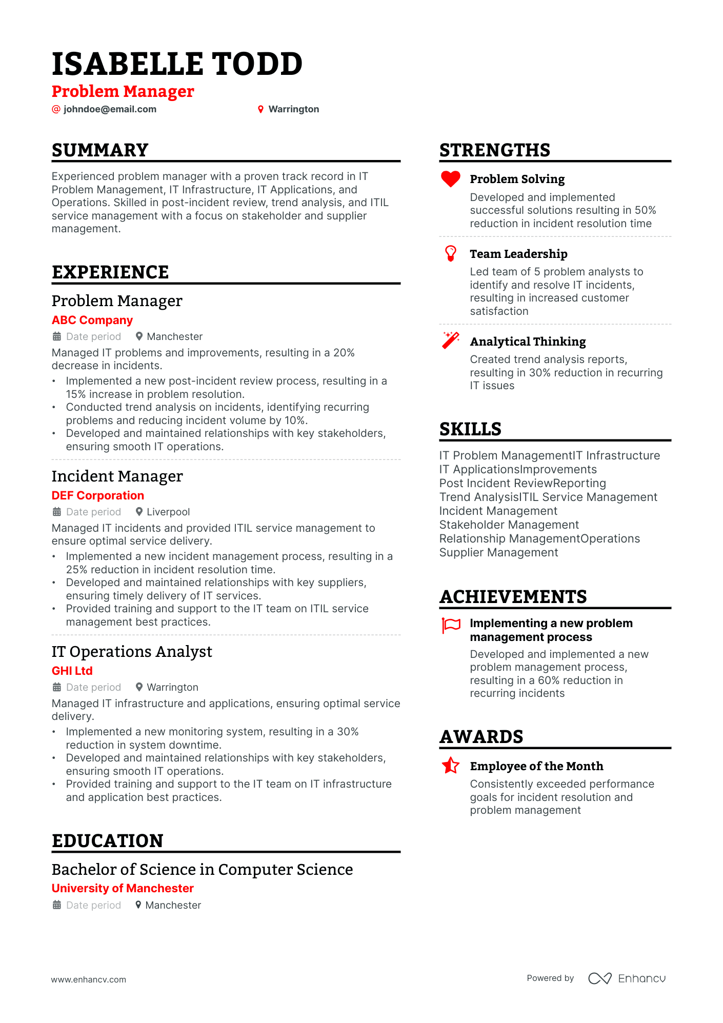 problem manager resume example