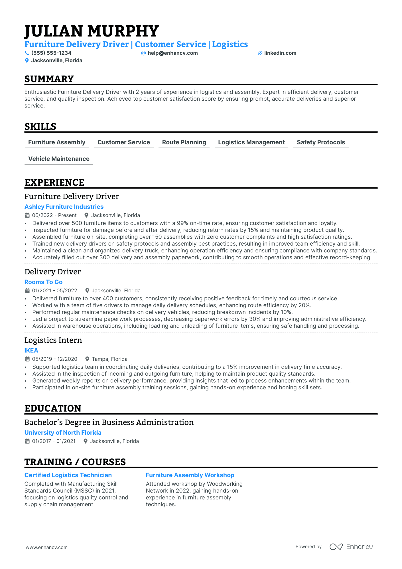 Furniture Delivery Driver resume example