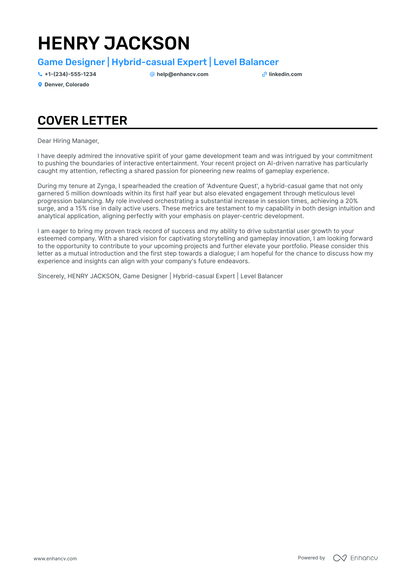 Game Designer cover letter