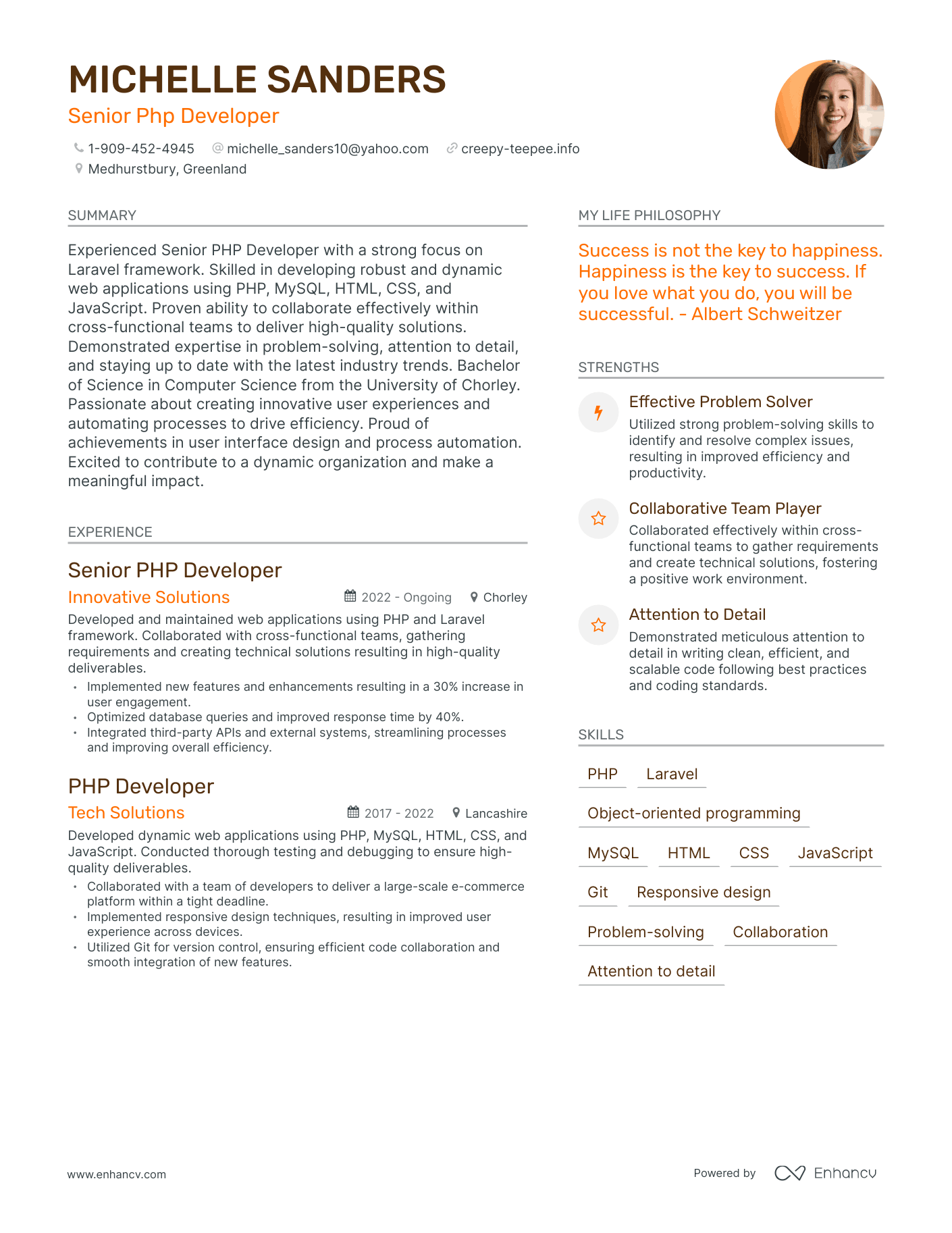 Senior Php Developer resume example