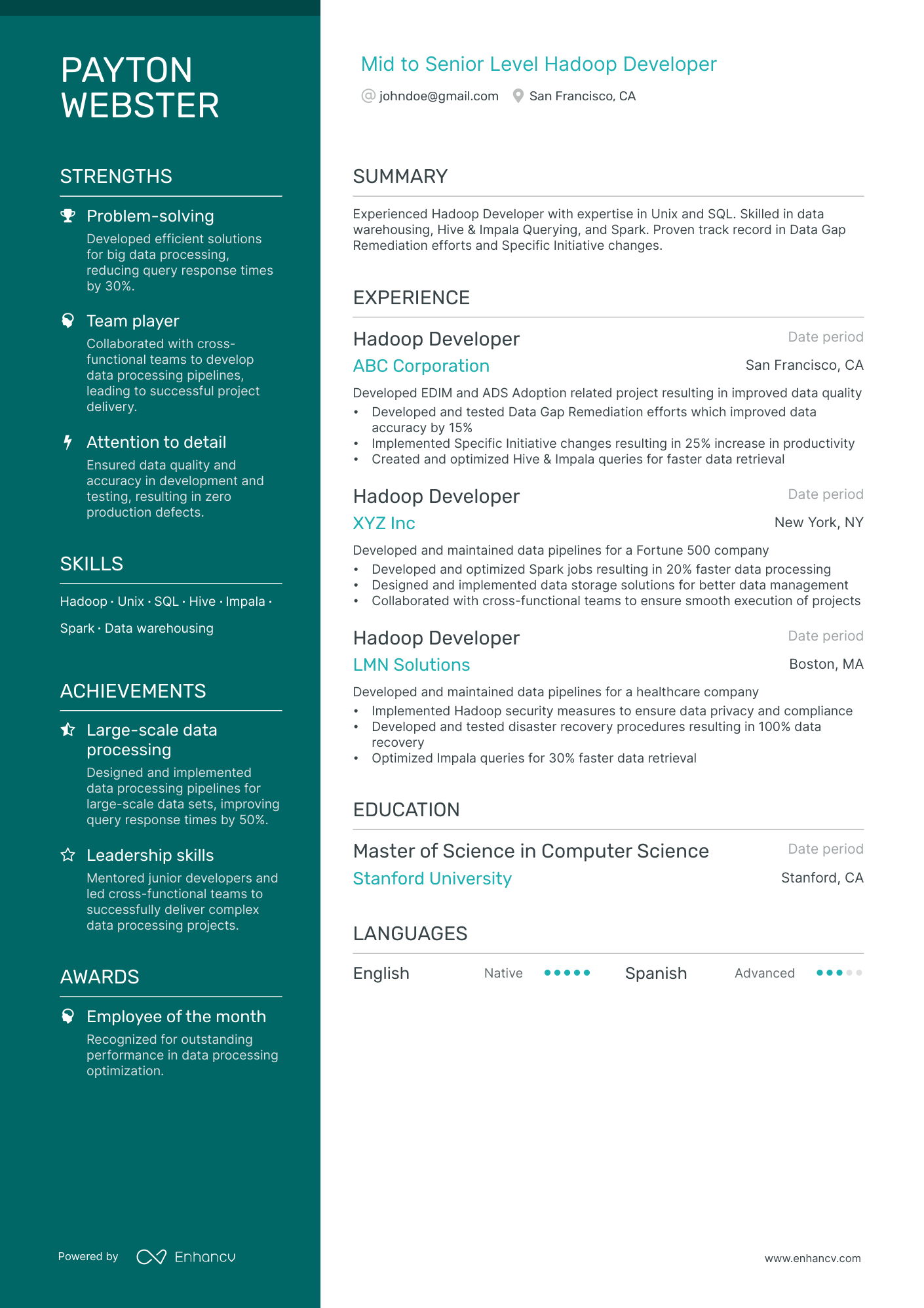 Hadoop Developer resume example